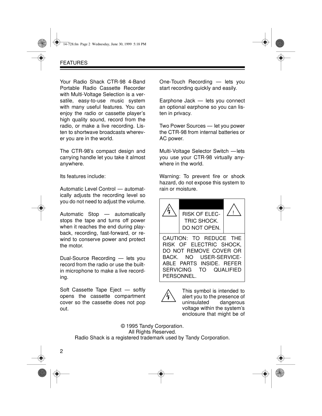 Radio Shack CTR-98 owner manual Features, Risk of Elec Tric Shock Do not Open 