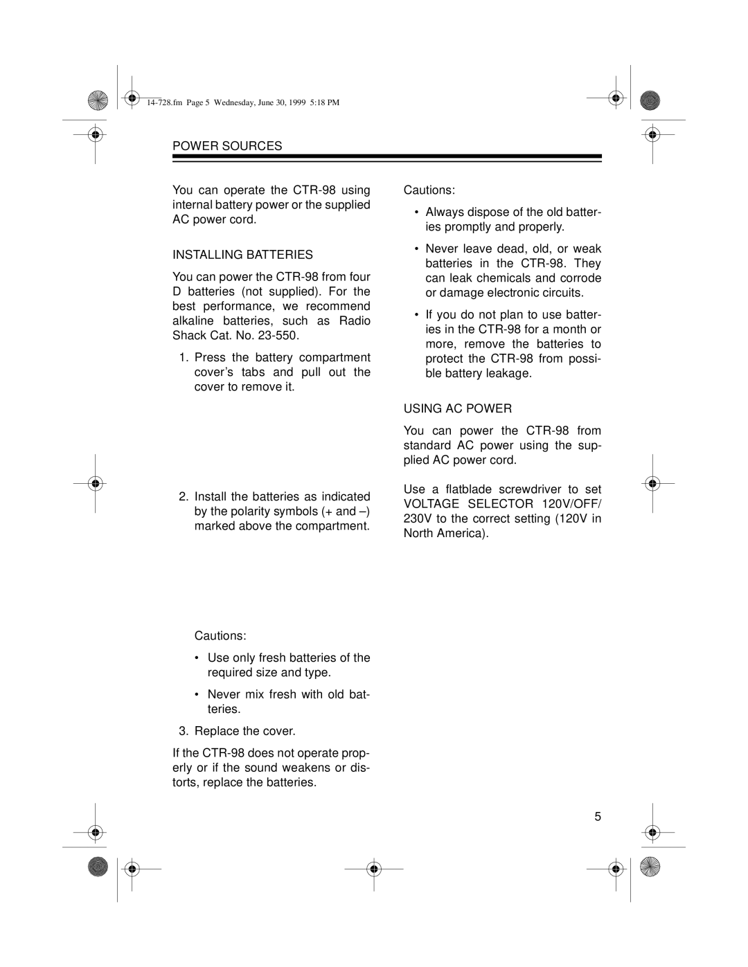 Radio Shack CTR-98 owner manual Power Sources, Installing Batteries, Using AC Power 