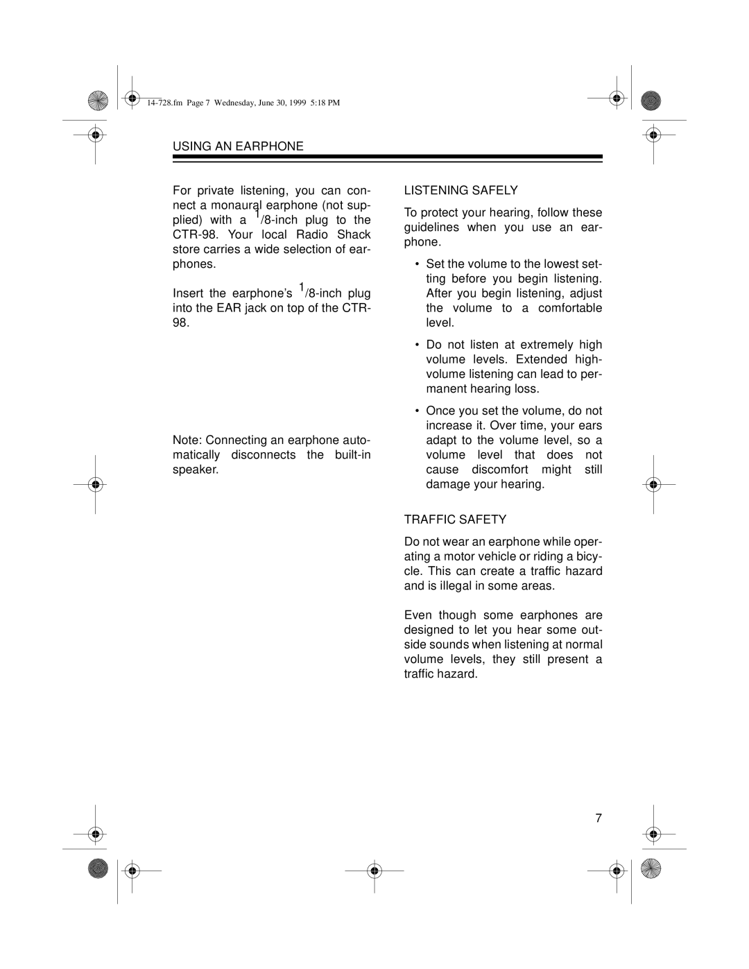 Radio Shack CTR-98 owner manual Using AN Earphone, Listening Safely, Traffic Safety 