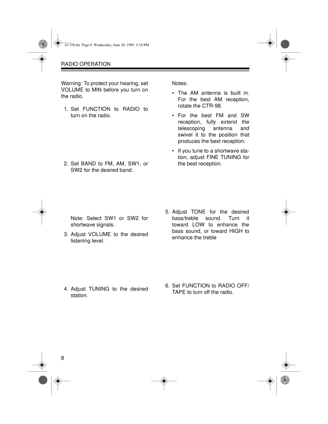 Radio Shack CTR-98 owner manual Radio Operation 