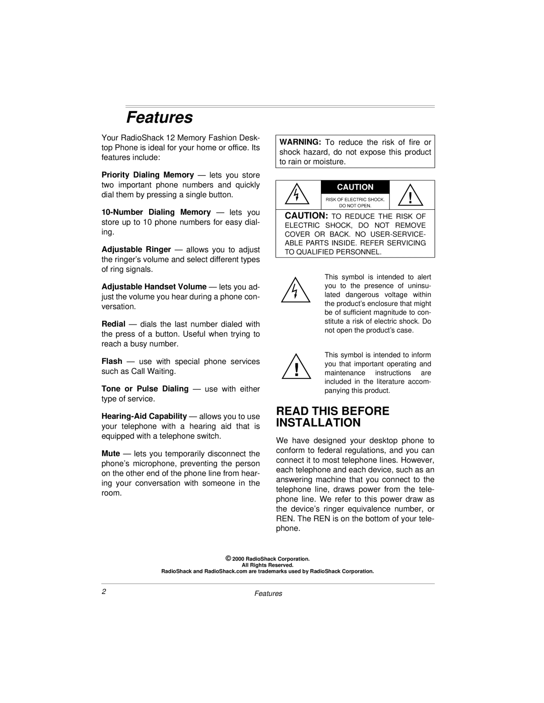 Radio Shack Desktop Phone owner manual Features, Read this Before Installation, Tone or Pulse Dialing use with either 