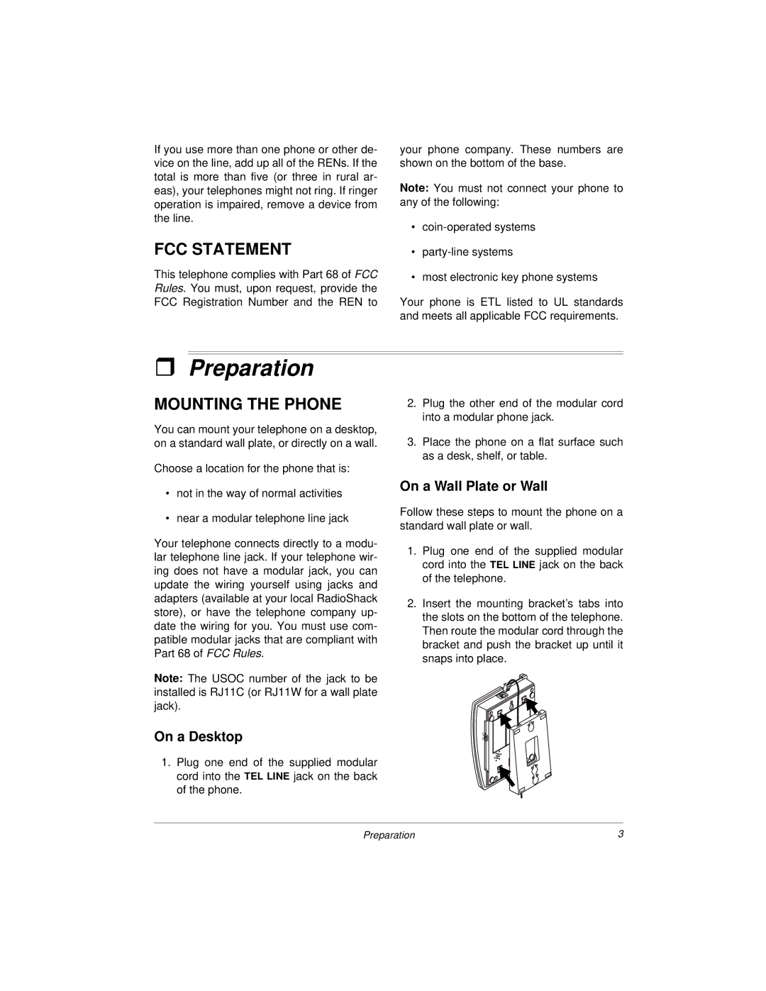 Radio Shack Desktop Phone Preparation, FCC Statement, Mounting the Phone, On a Desktop, On a Wall Plate or Wall 