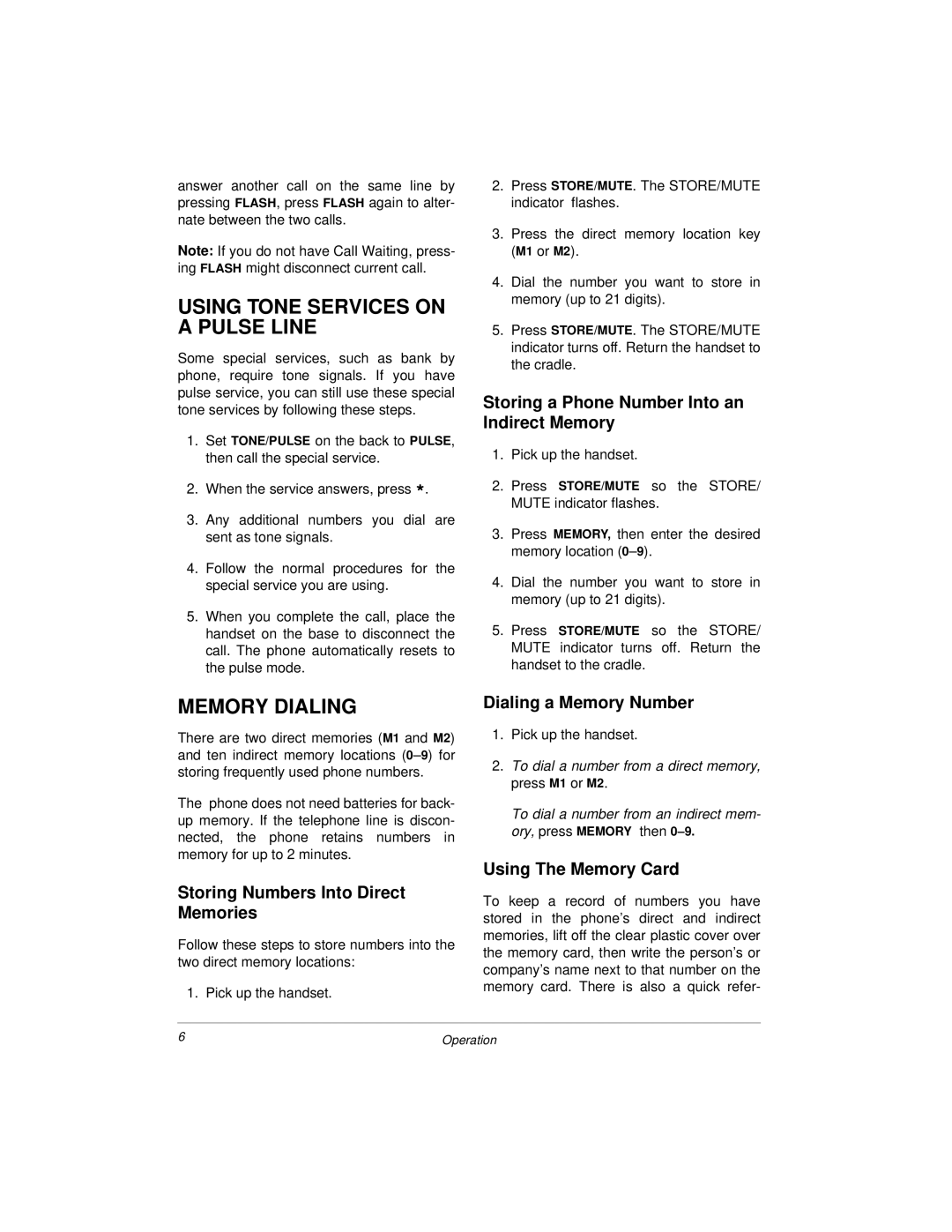 Radio Shack Desktop Phone owner manual Using Tone Services on a Pulse Line, Memory Dialing 