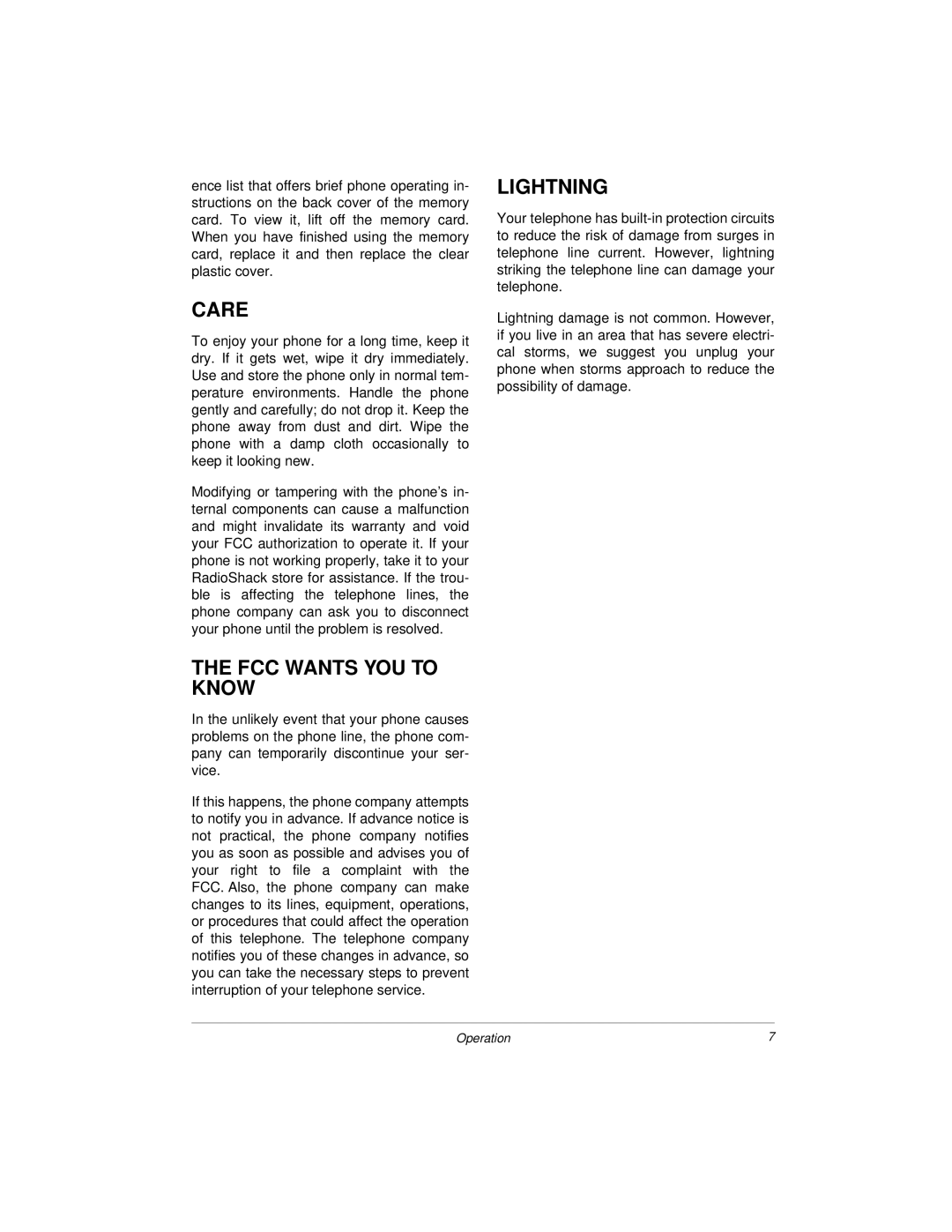 Radio Shack Desktop Phone owner manual Care, FCC Wants YOU to Know, Lightning 