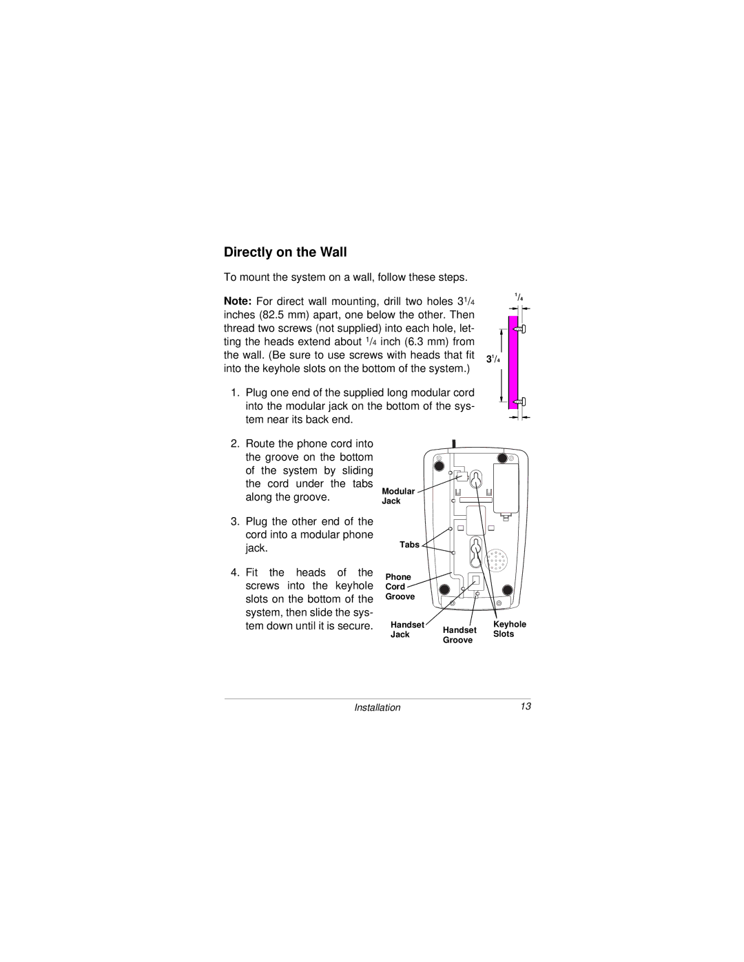 Radio Shack Digital Answering System with Big Button Trim Phone owner manual Directly on the Wall, Jack 