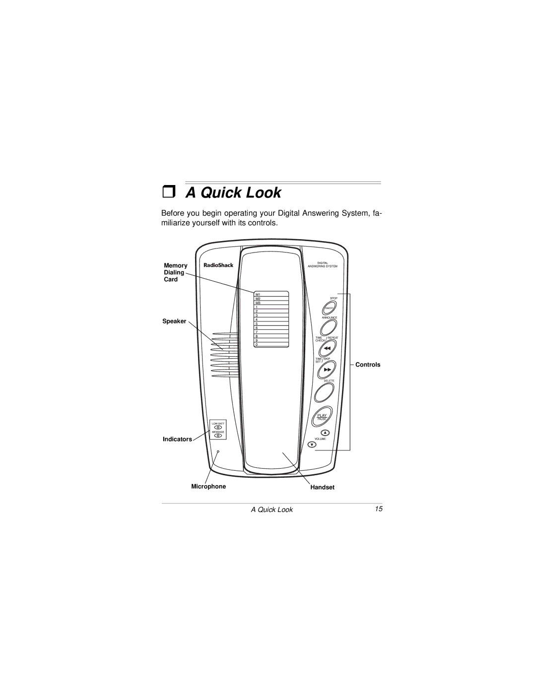 Radio Shack Digital Answering System with Big Button Trim Phone owner manual Quick Look 