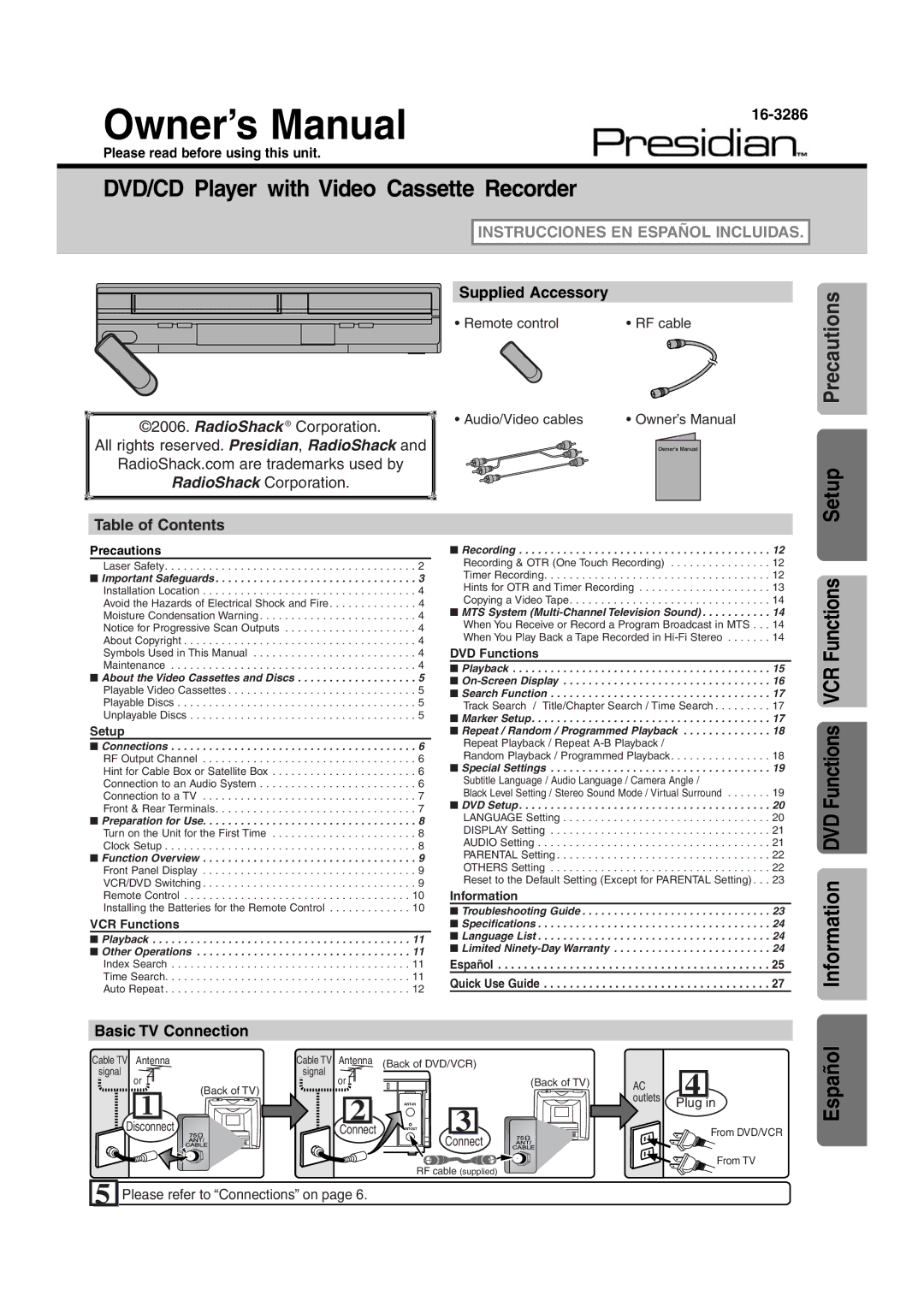 Radio Shack DVD / VCR owner manual Table of Contents, Basic TV Connection 