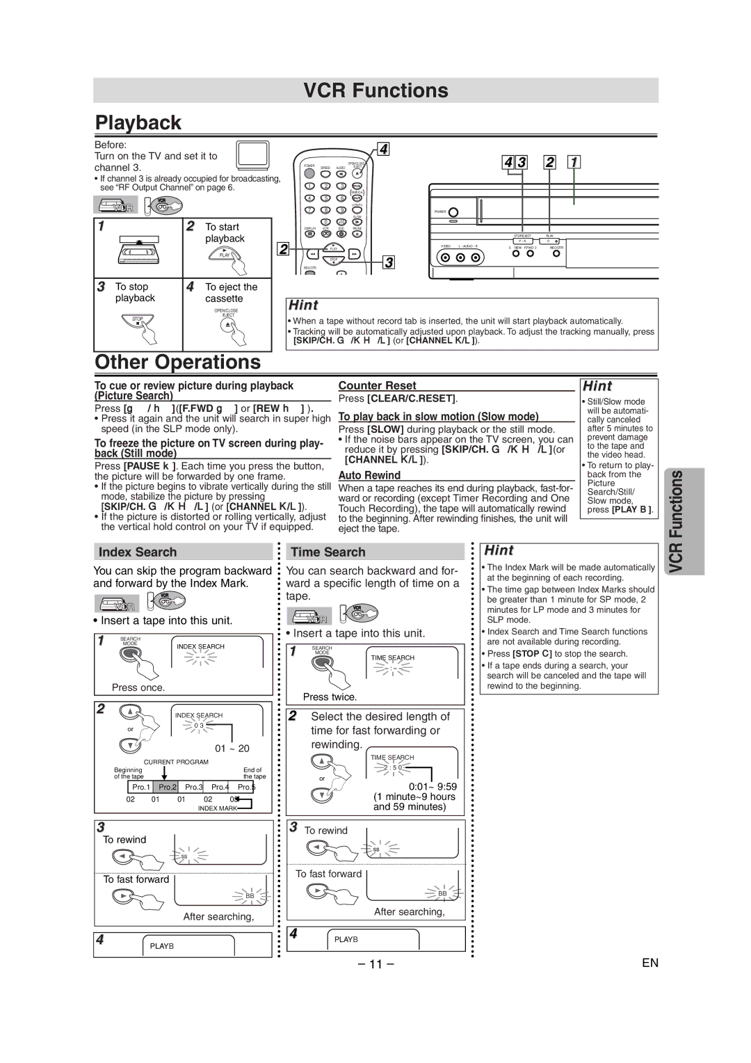 Radio Shack DVD / VCR owner manual VCR Functions Playback, Other Operations, Index Search, Time Search 