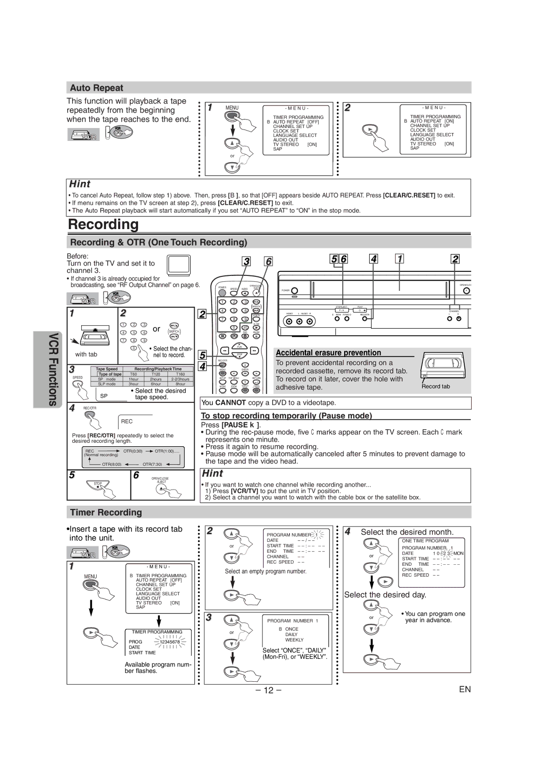 Radio Shack DVD / VCR owner manual Auto Repeat, Recording & OTR One Touch Recording, Timer Recording 