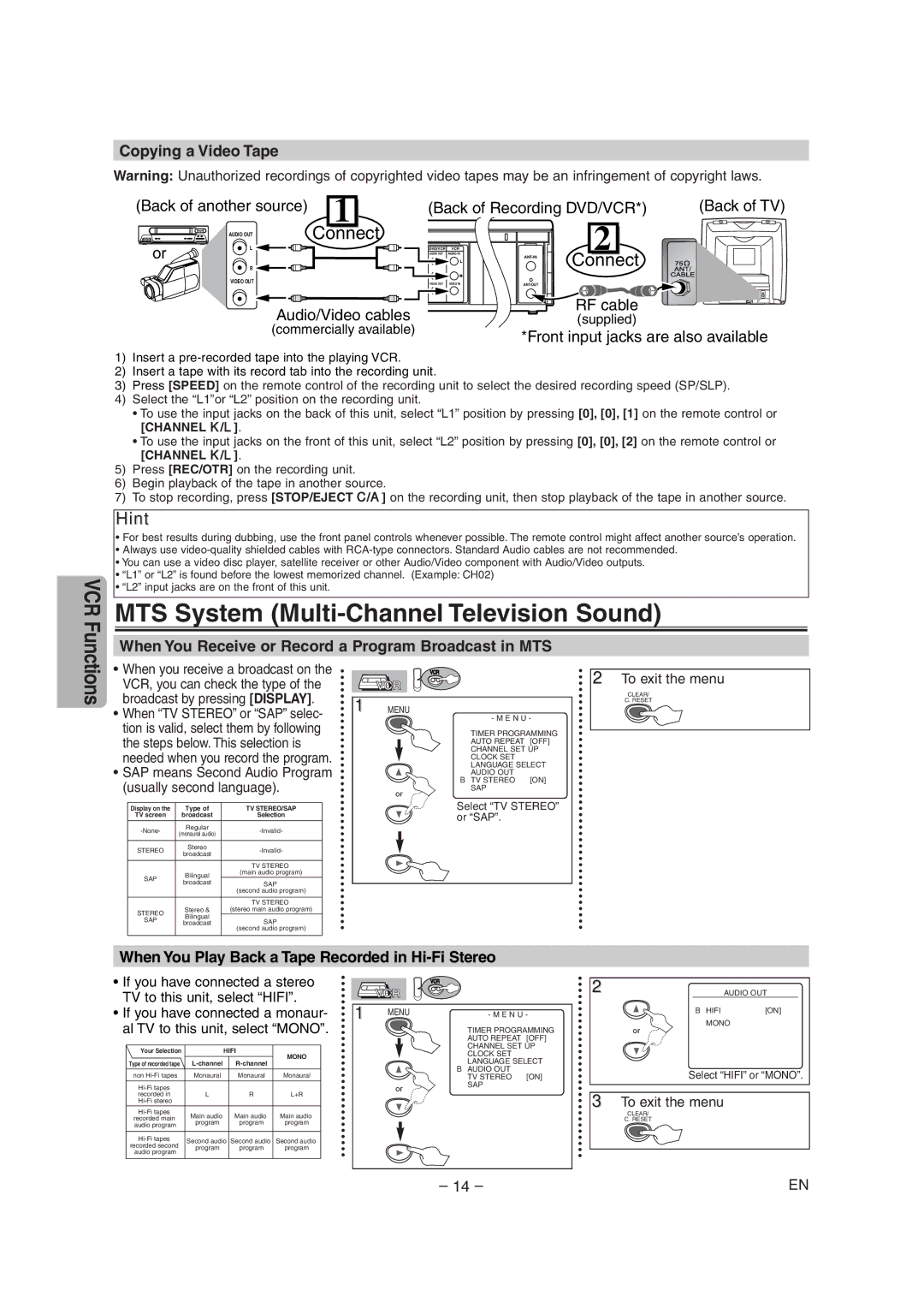 Radio Shack DVD / VCR owner manual MTS System Multi-Channel Television Sound, Copying a Video Tape 