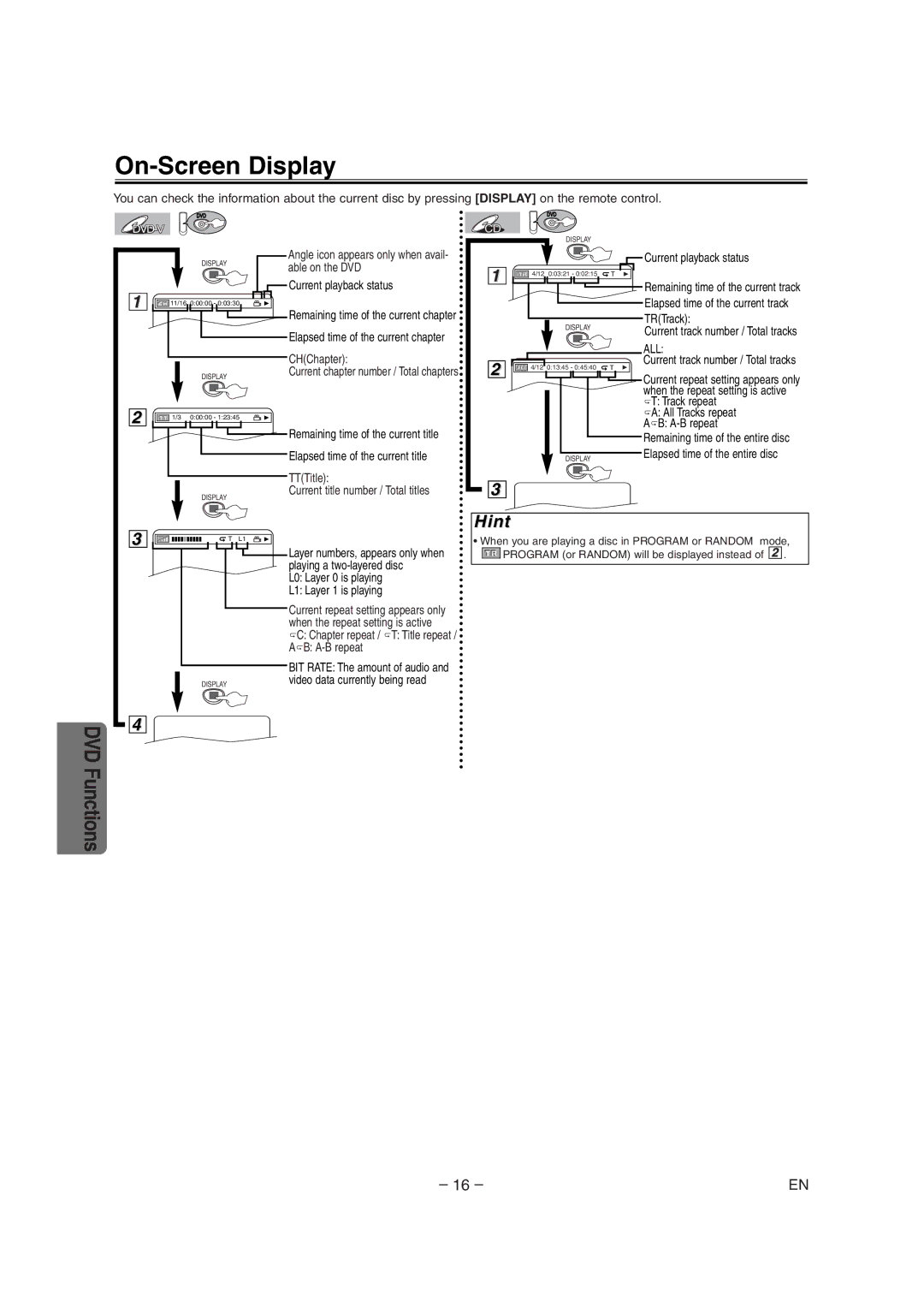 Radio Shack DVD / VCR owner manual Able on the DVD, CHChapter, TTTitle Current title number / Total titles 