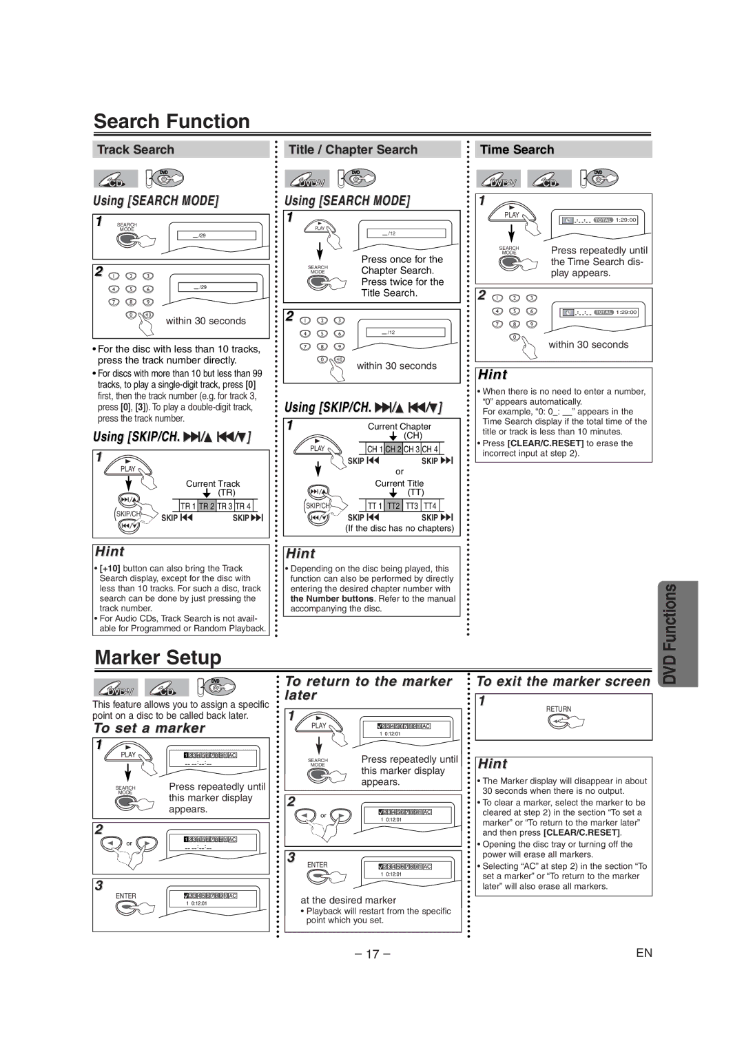 Radio Shack DVD / VCR owner manual Search Function, Marker Setup, Track Search, Title / Chapter Search, Time Search 