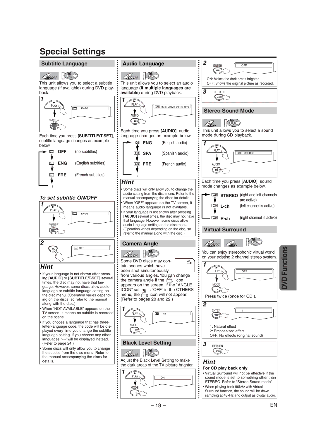 Radio Shack DVD / VCR Special Settings, Subtitle Language, Stereo Sound Mode, Virtual Surround, Black Level Setting 