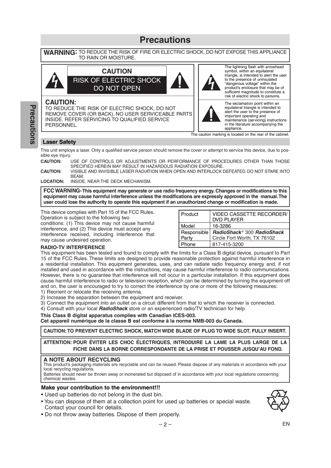 Radio Shack DVD / VCR owner manual Precautions, Laser Safety, Make your contribution to the environment 