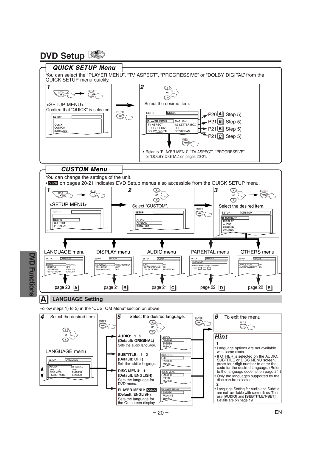 Radio Shack DVD / VCR owner manual DVD Setup, Language Setting 