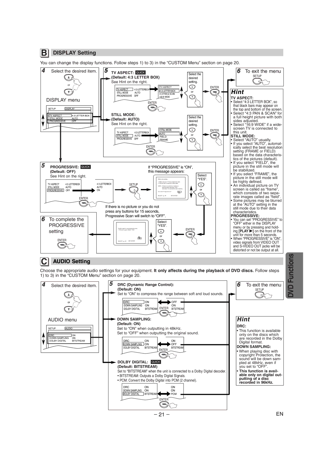 Radio Shack DVD / VCR owner manual Display Setting, Audio Setting 