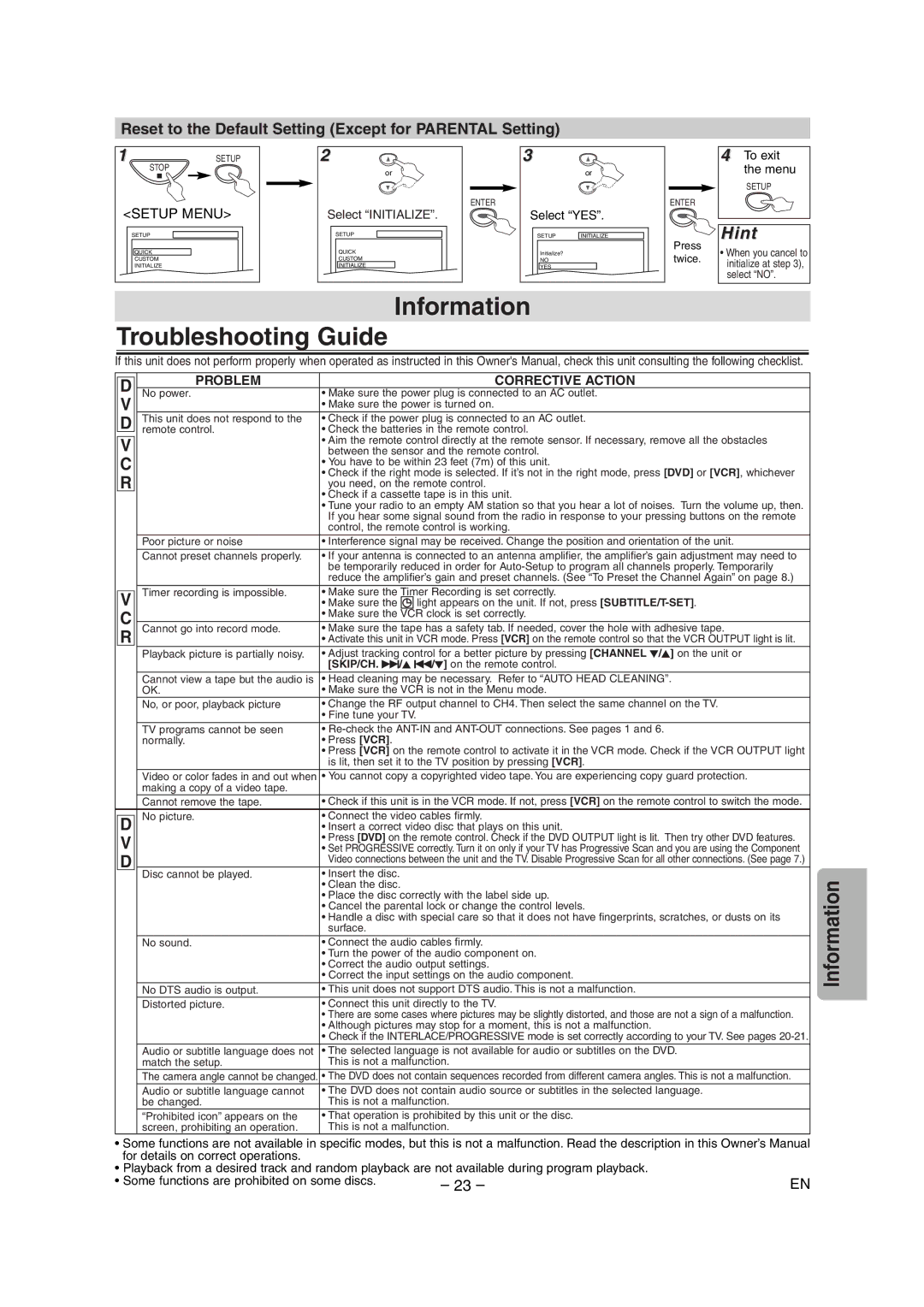 Radio Shack DVD / VCR Information Troubleshooting Guide, Reset to the Default Setting Except for Parental Setting 