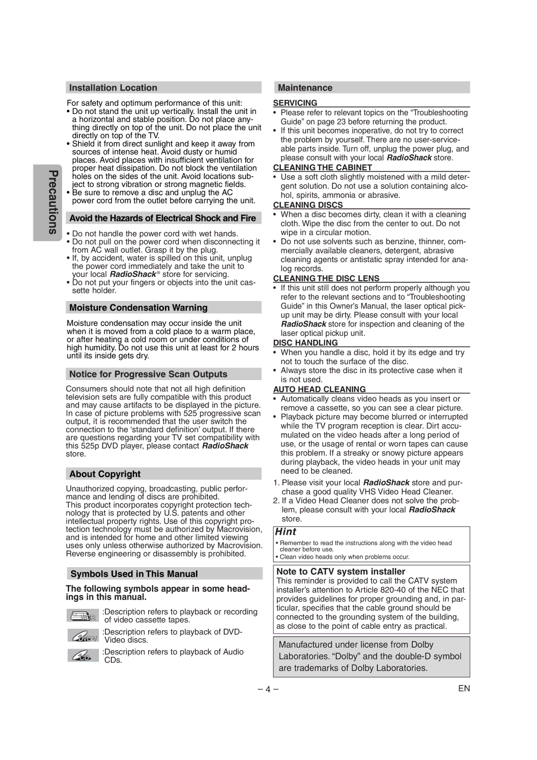 Radio Shack DVD / VCR Installation Location, Maintenance, Following symbols appear in some head- ings in this manual 