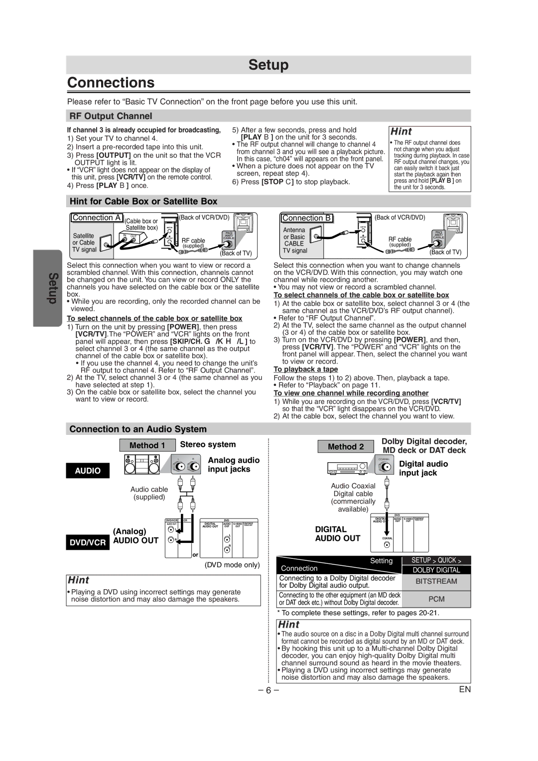 Radio Shack DVD / VCR owner manual Setup Connections, RF Output Channel, Hint for Cable Box or Satellite Box 