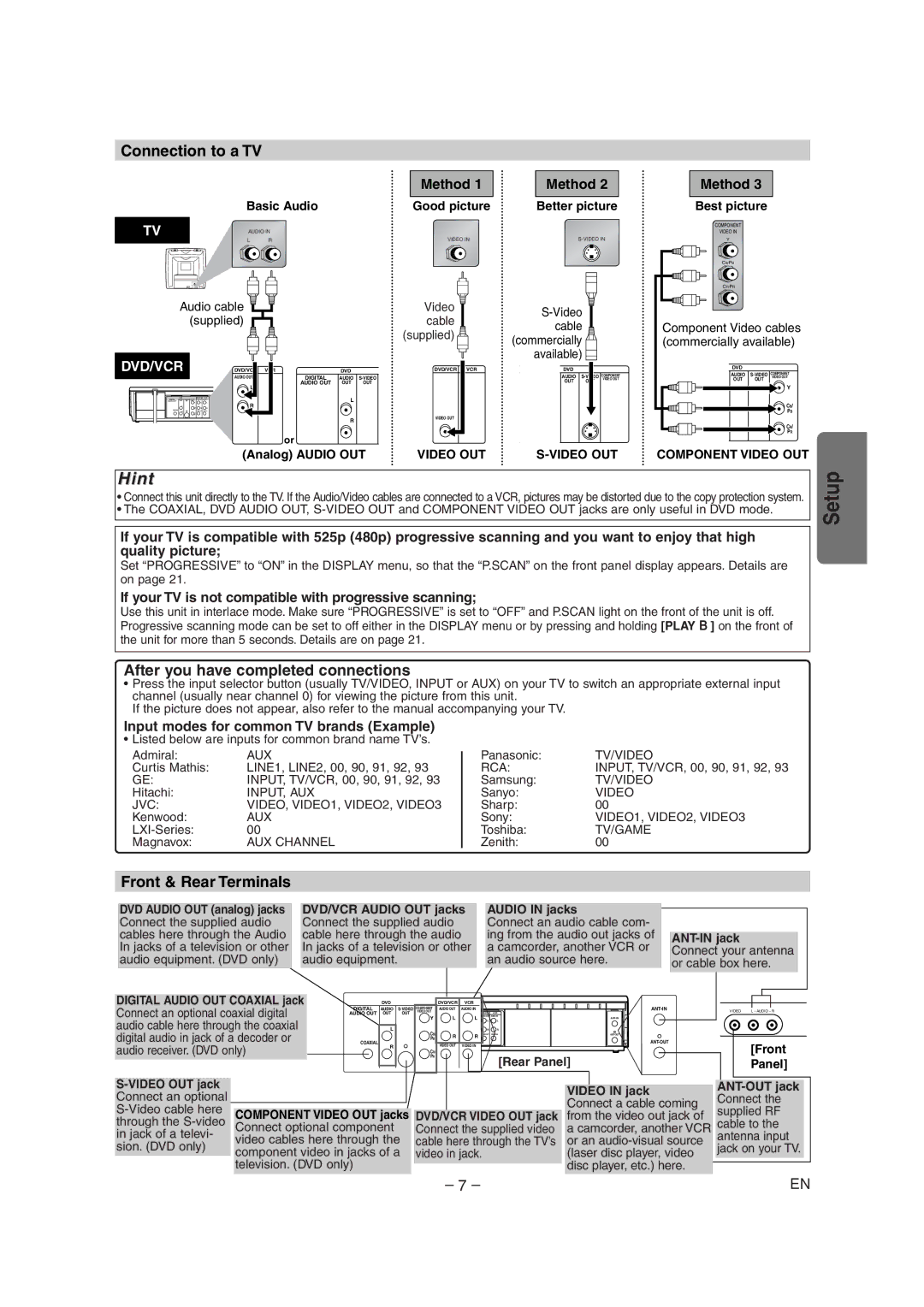 Radio Shack DVD / VCR owner manual Connection to a TV, After you have completed connections, Front & Rear Terminals 