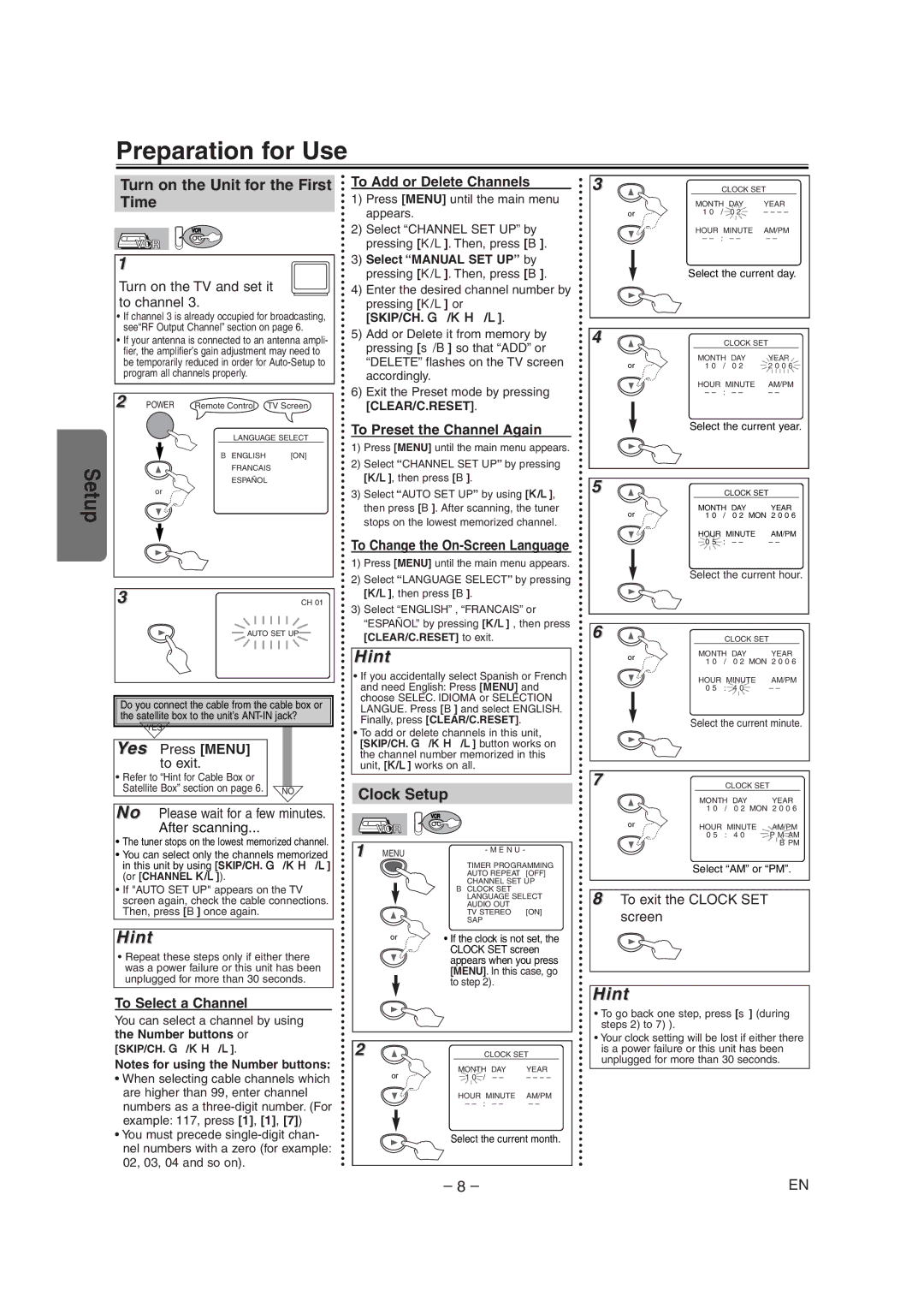 Radio Shack DVD / VCR owner manual Preparation for Use, Turn on the Unit for the First Time, Clock Setup 