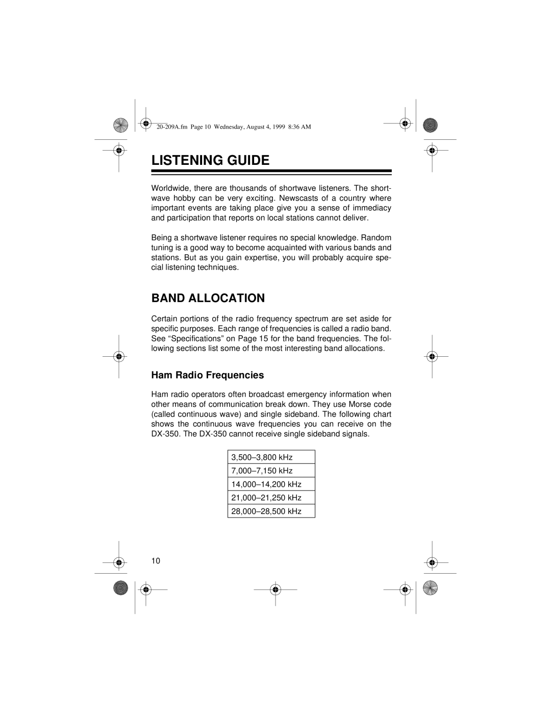 Radio Shack DX-350 owner manual Listening Guide, Band Allocation, Ham Radio Frequencies 