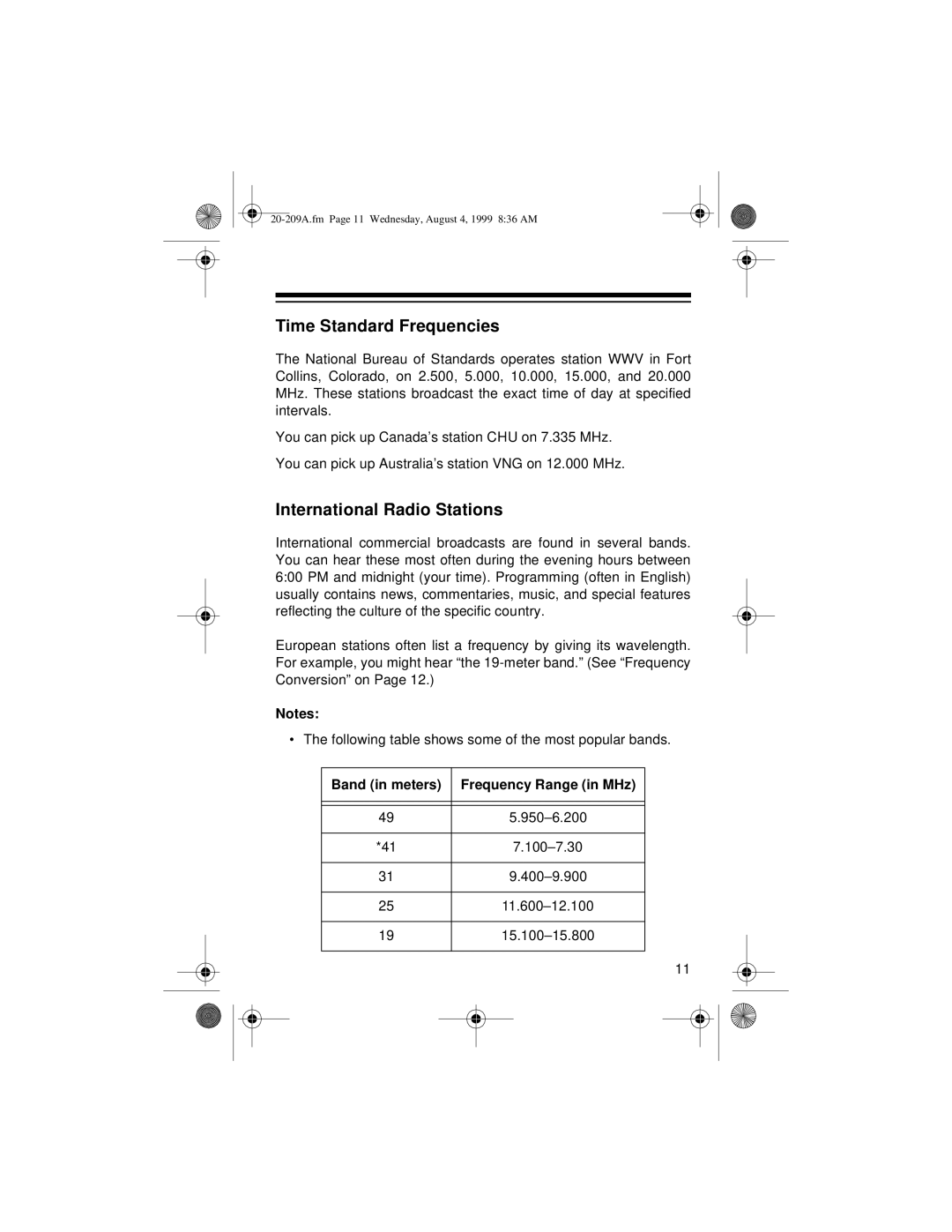 Radio Shack DX-350 Time Standard Frequencies, International Radio Stations, Band in meters Frequency Range in MHz 