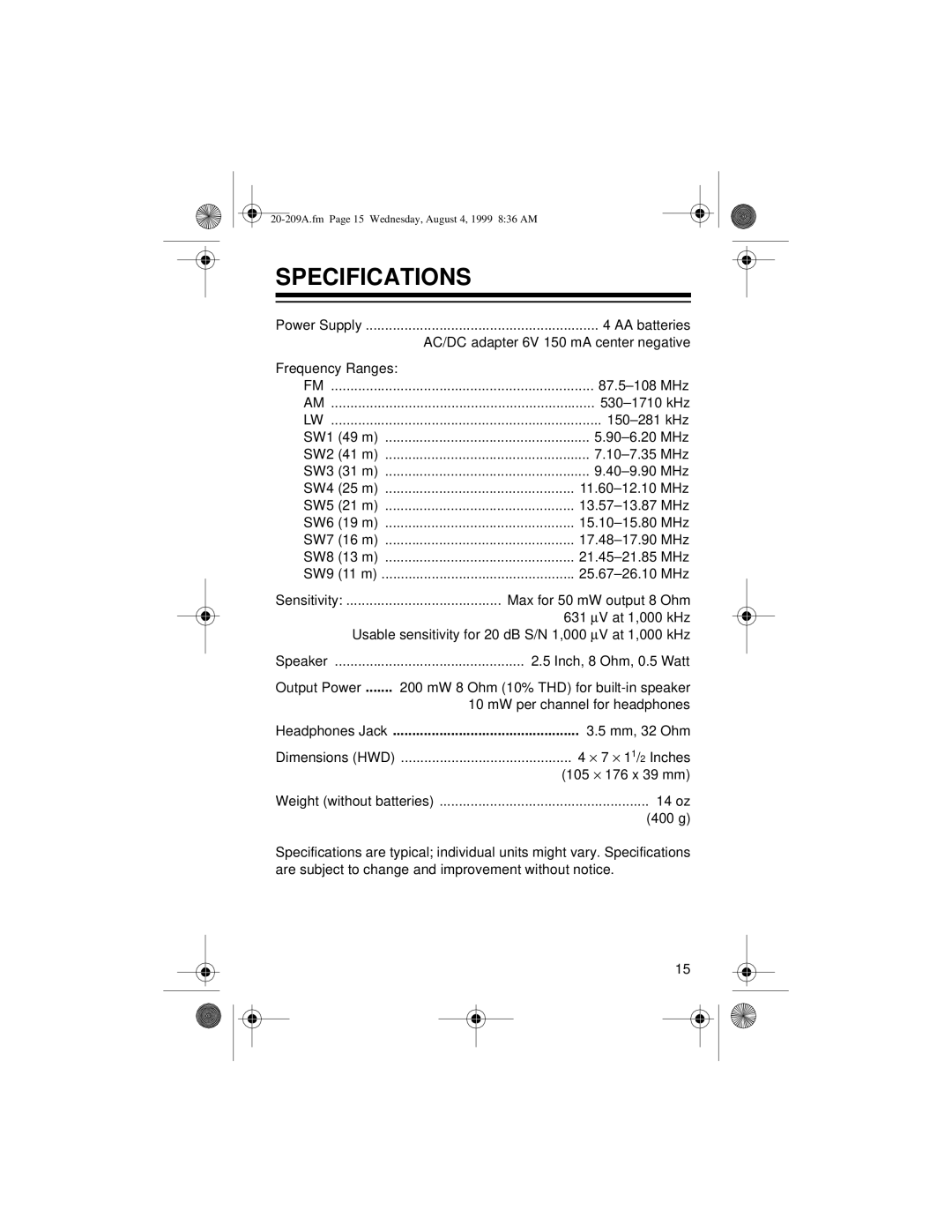 Radio Shack DX-350 owner manual Specifications, 400 g 