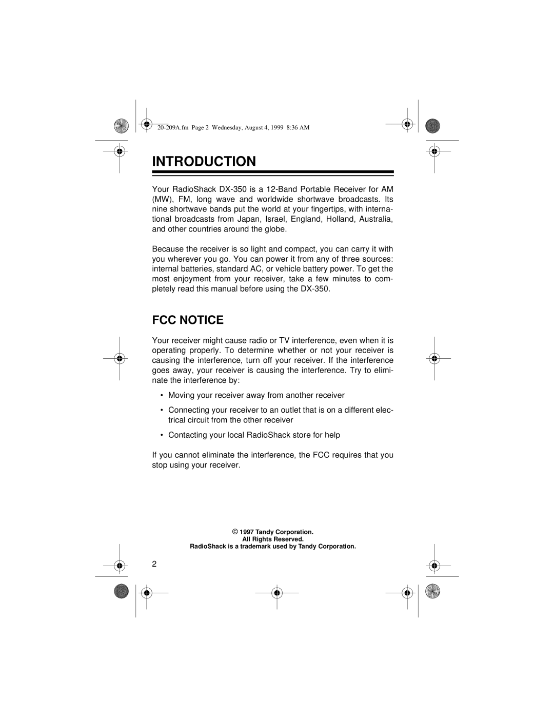 Radio Shack DX-350 owner manual Introduction, FCC Notice 