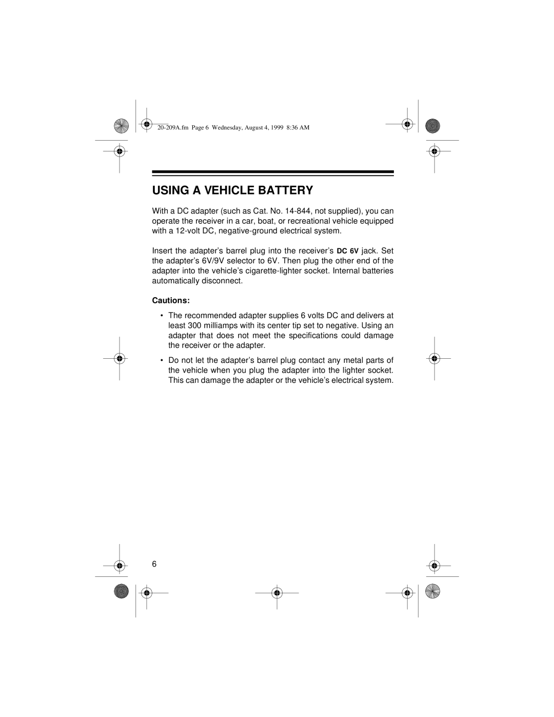 Radio Shack DX-350 owner manual Using a Vehicle Battery 