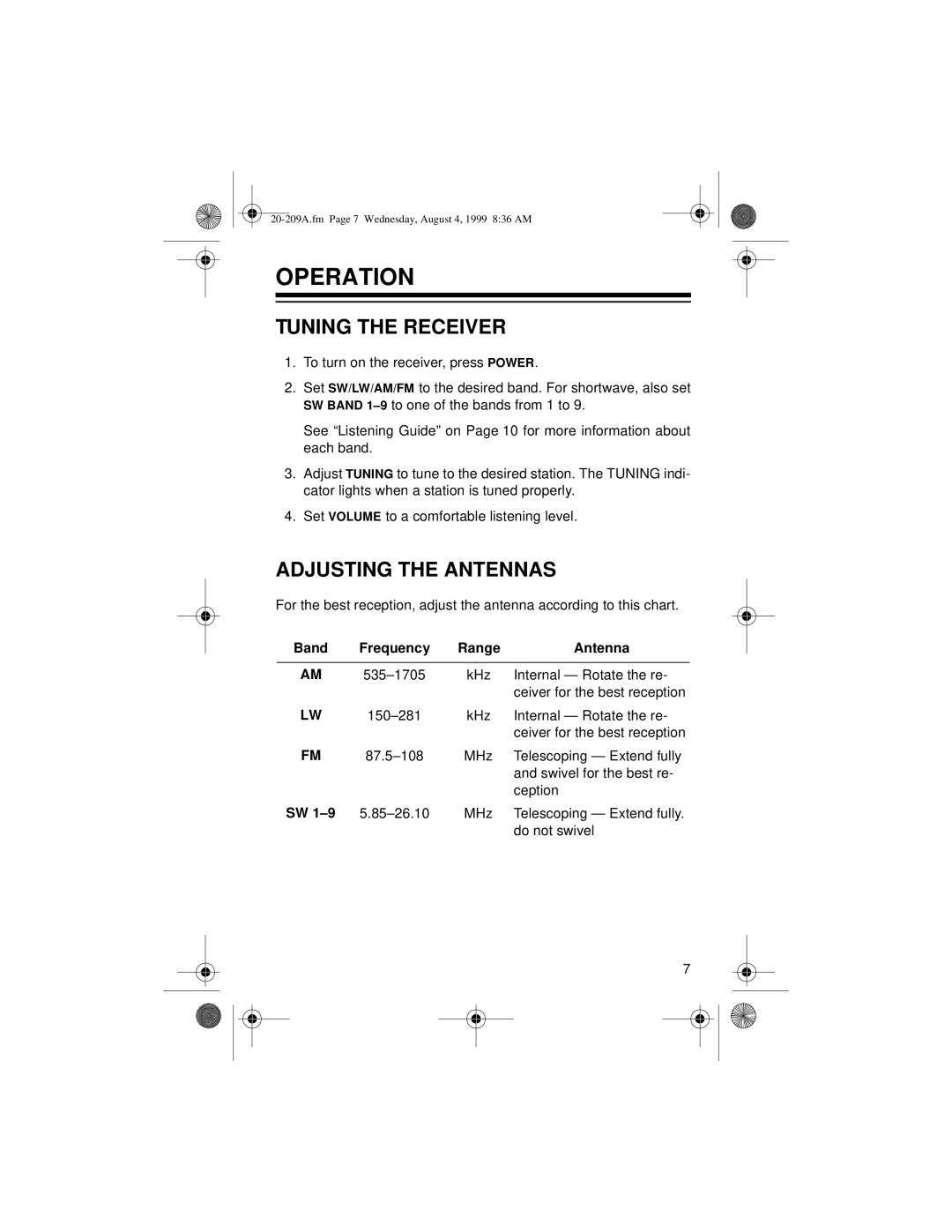 Radio Shack DX-350 owner manual Operation, Tuning the Receiver, Adjusting the Antennas, Band Frequency Range Antenna 