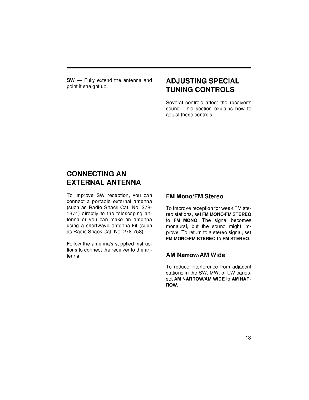 Radio Shack DX-392 Connecting AN External Antenna, Adjusting Special Tuning Controls, FM Mono/FM Stereo, AM Narrow/AM Wide 