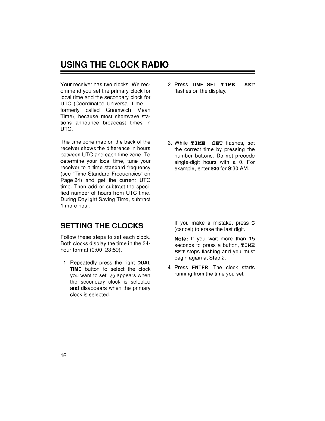 Radio Shack DX-392 owner manual Using the Clock Radio, Setting the Clocks 