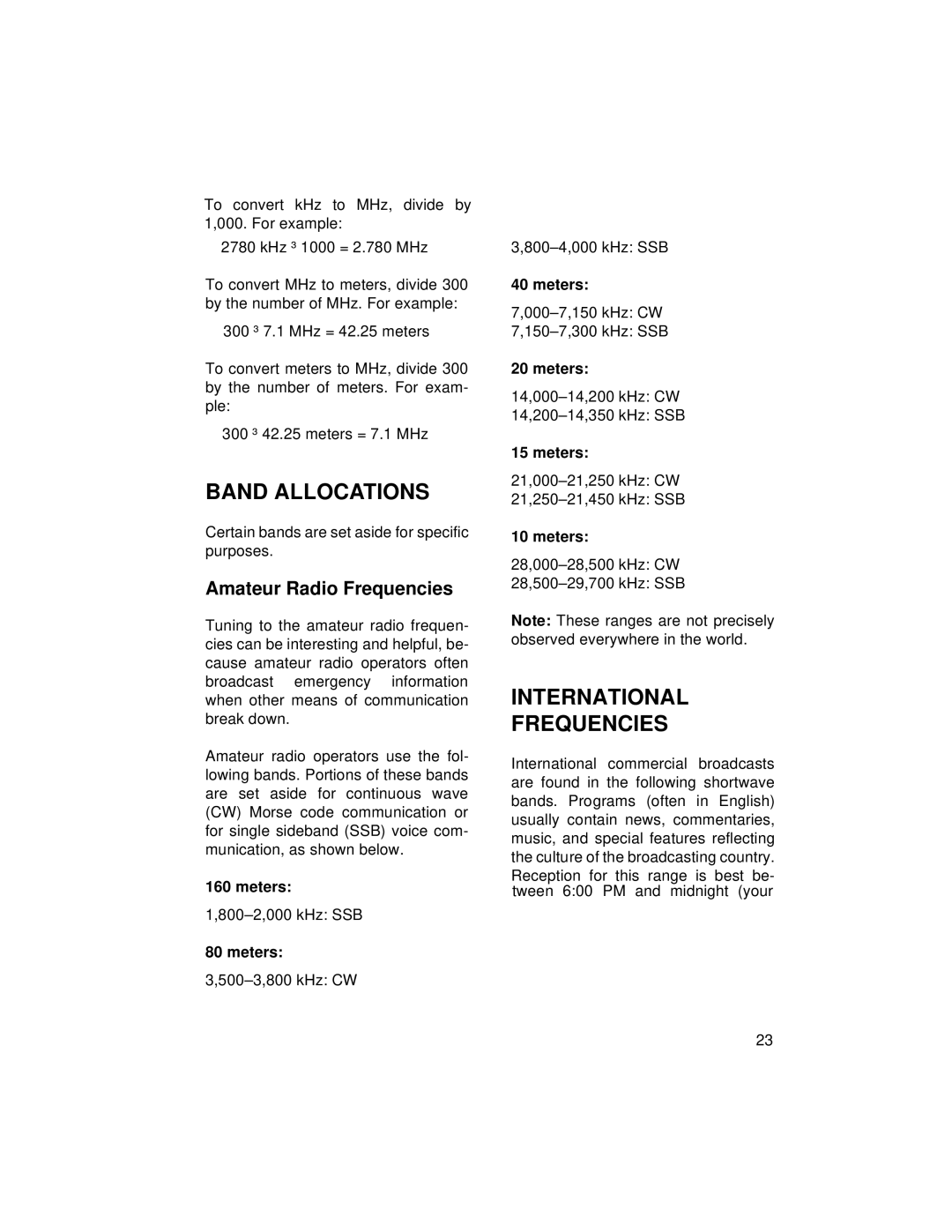 Radio Shack DX-392 owner manual Band Allocations, International Frequencies, Amateur Radio Frequencies, Meters 