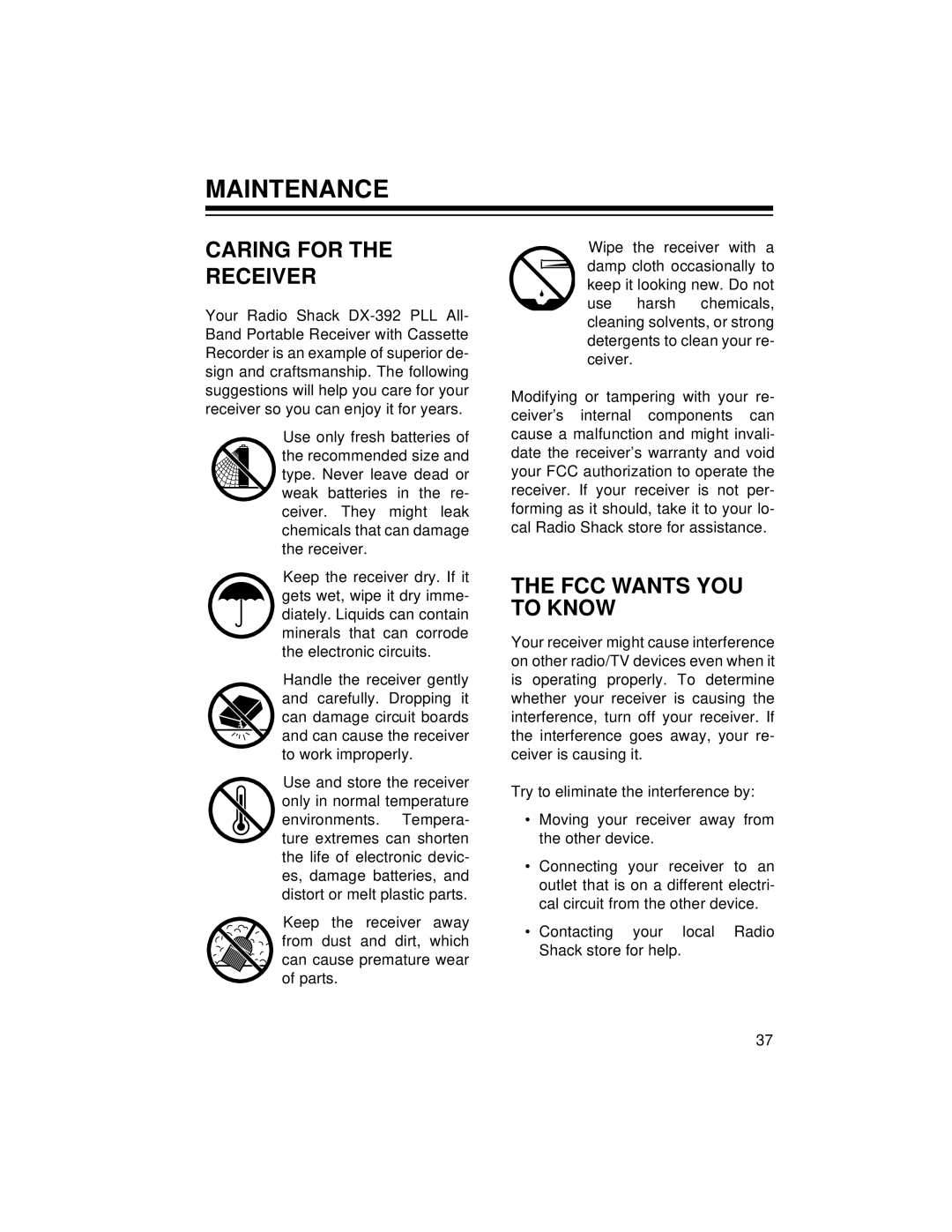 Radio Shack DX-392 owner manual Maintenance, Caring for Receiver, FCC Wants YOU to Know 