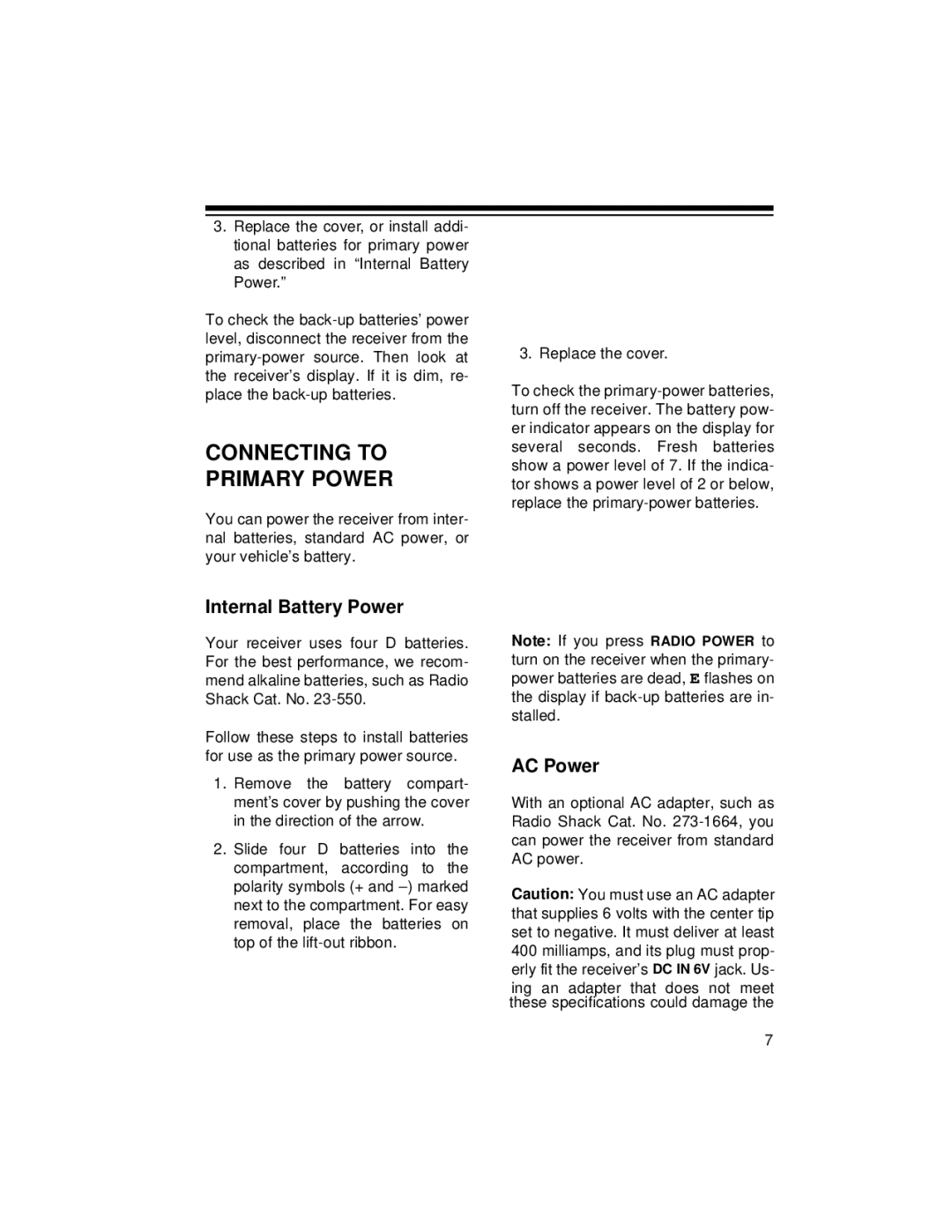 Radio Shack DX-392 owner manual Connecting to Primary Power, Internal Battery Power, AC Power 