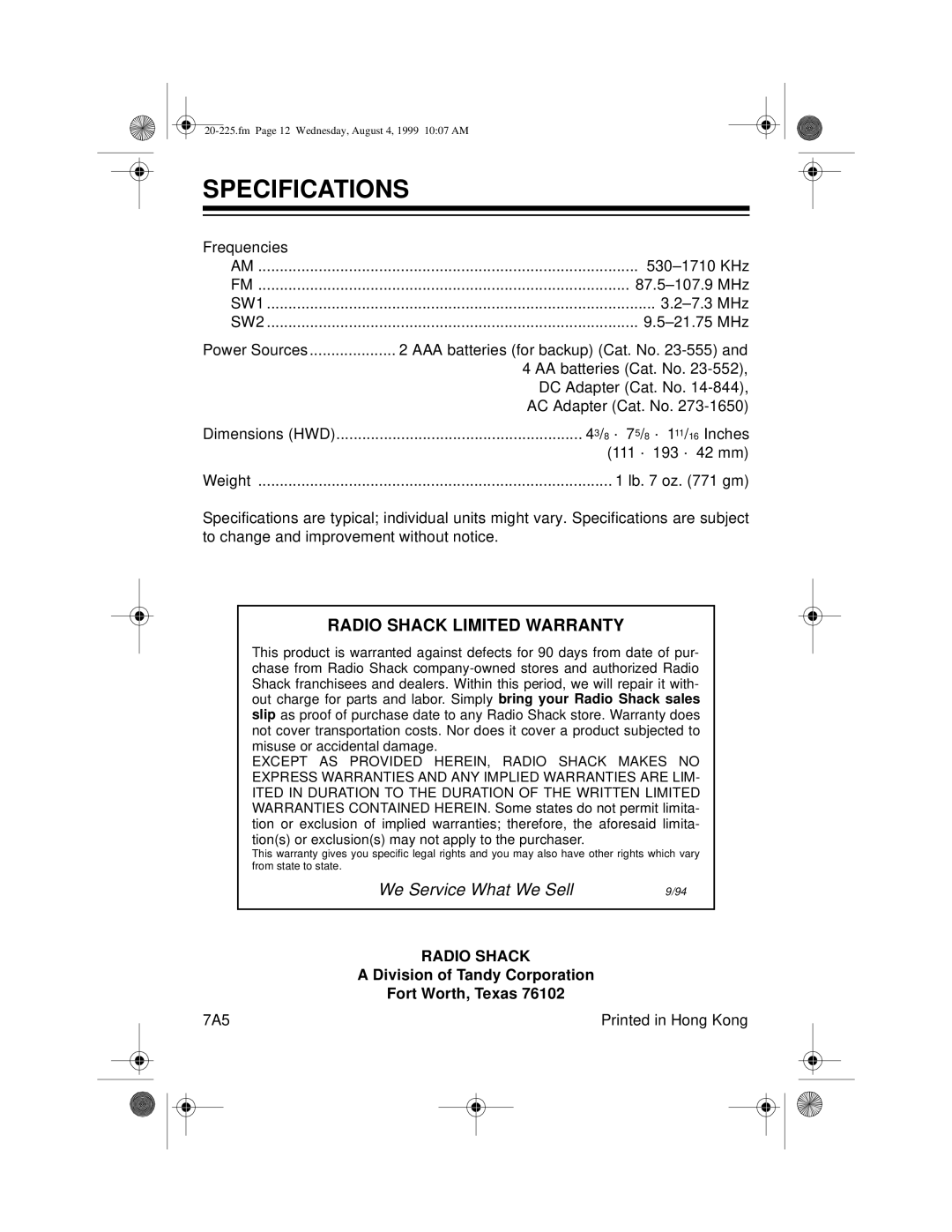 Radio Shack DX-395 owner manual Specifications, Radio Shack Limited Warranty 