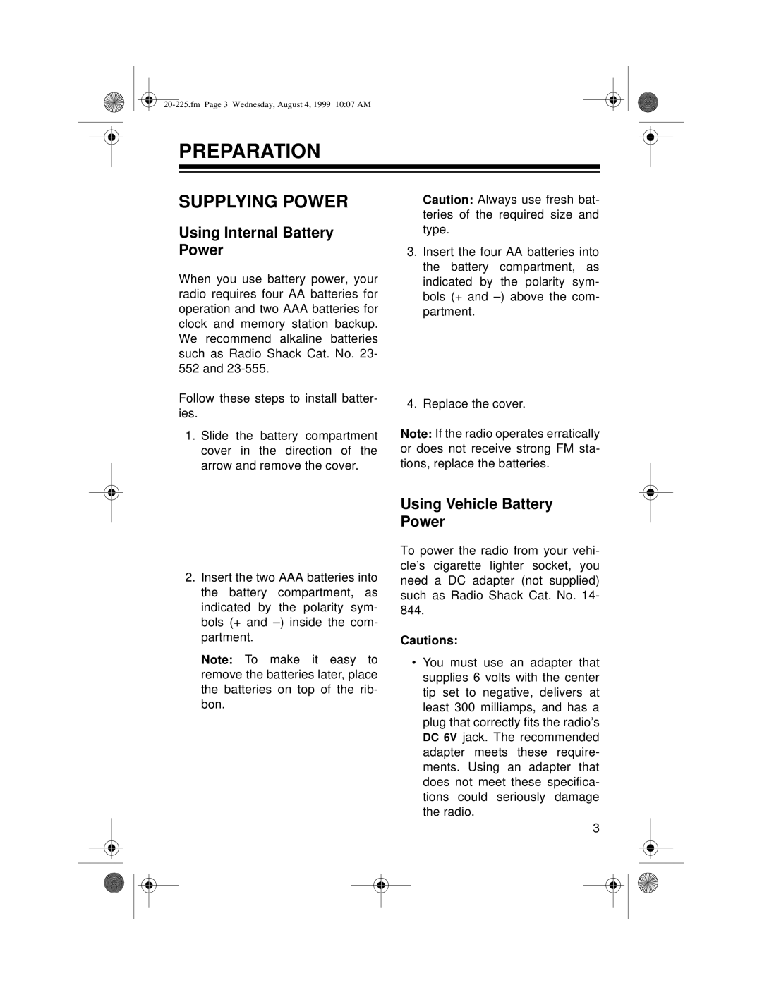 Radio Shack DX-395 owner manual Preparation, Supplying Power, Using Internal Battery Power, Using Vehicle Battery Power 