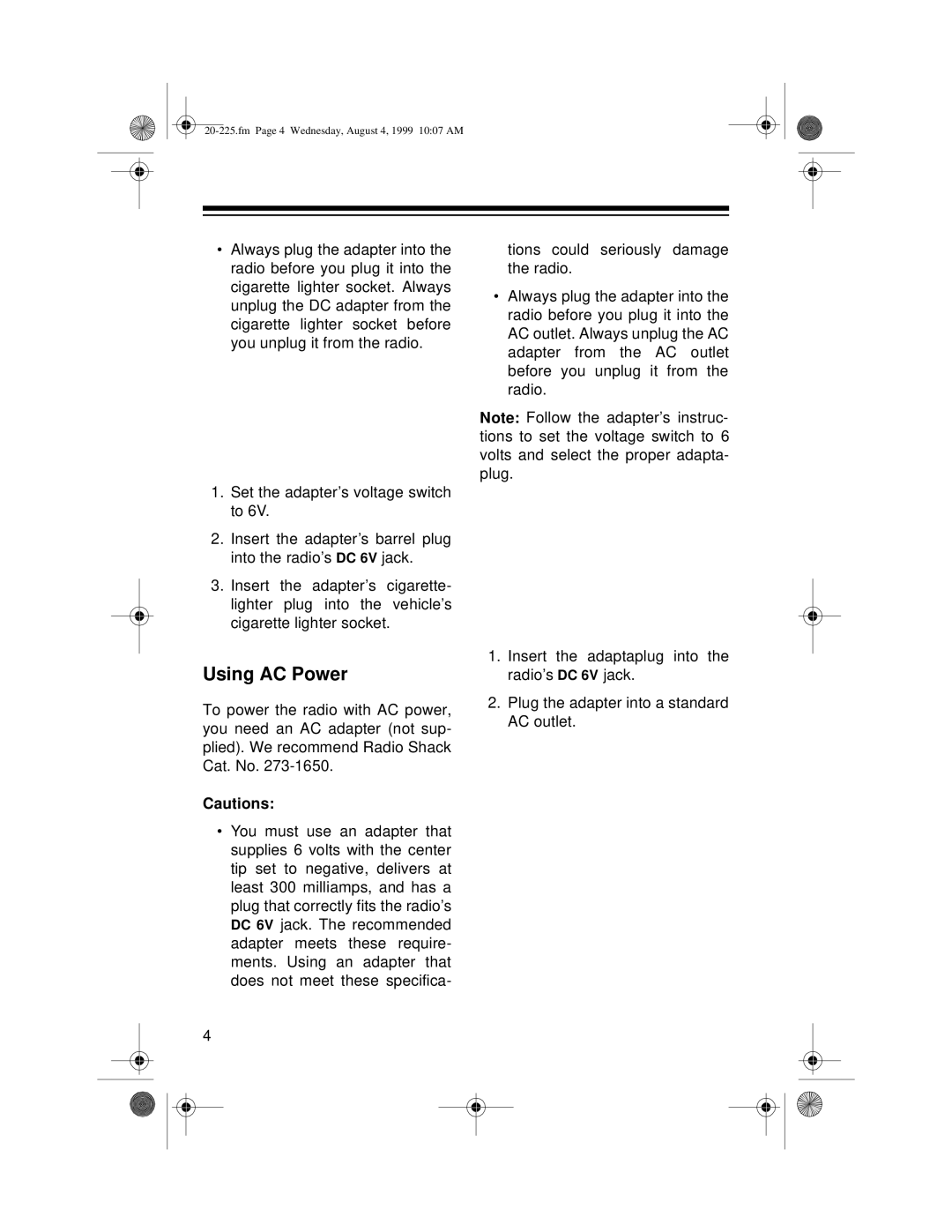 Radio Shack DX-395 owner manual Using AC Power 