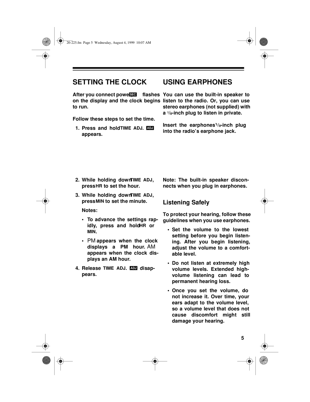 Radio Shack DX-395 owner manual Setting the Clock, Using Earphones, Listening Safely 