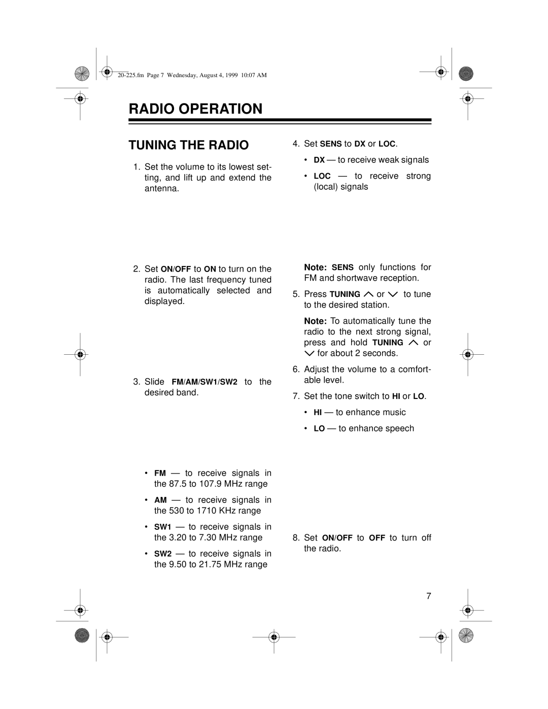 Radio Shack DX-395 owner manual Radio Operation, Tuning the Radio 