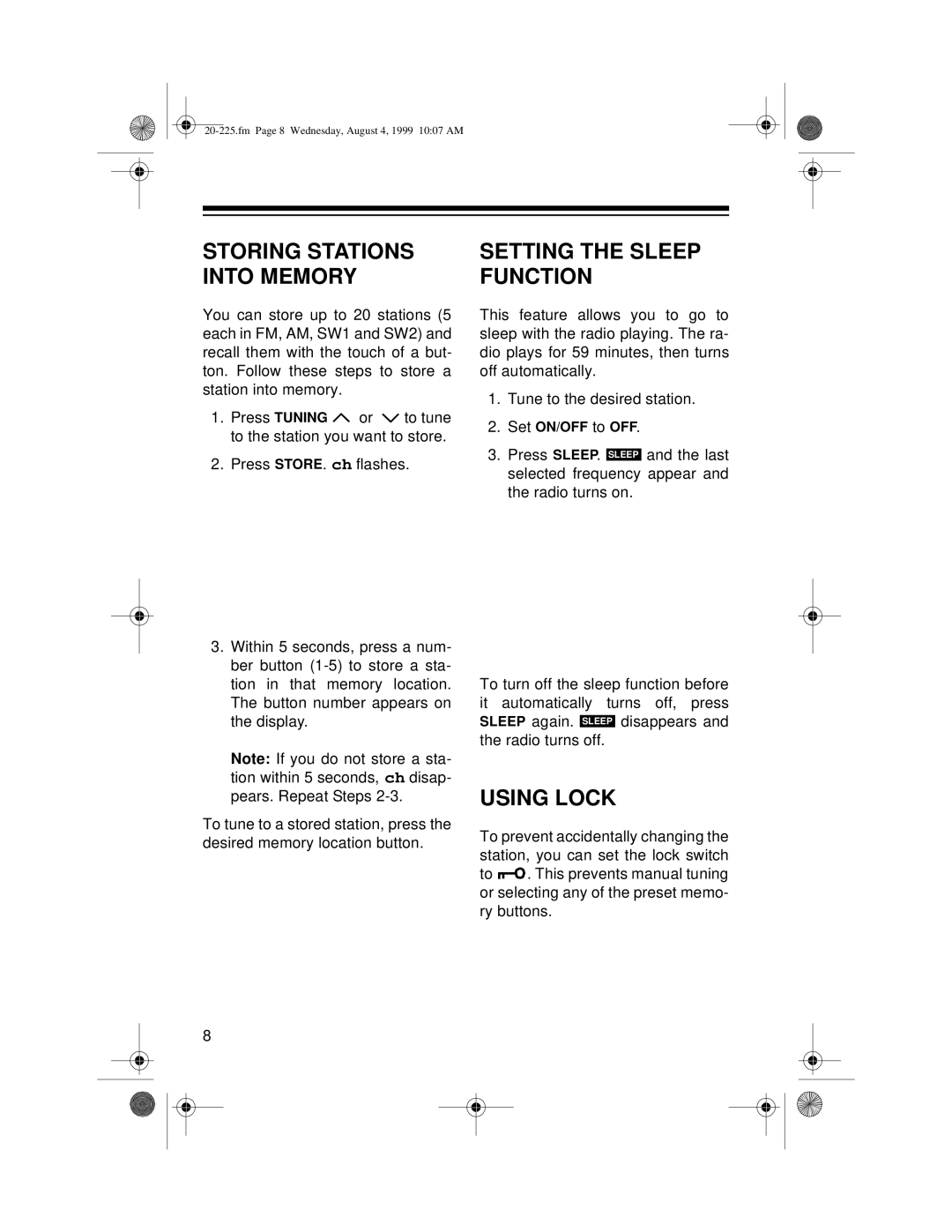 Radio Shack DX-395 owner manual Setting the Sleep Function, Using Lock 