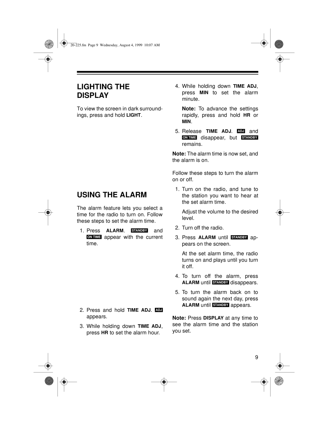 Radio Shack DX-395 owner manual Lighting Display, Using the Alarm 