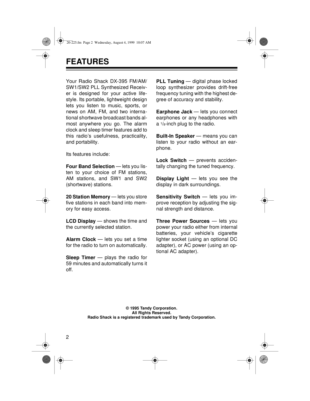 Radio Shack DX-395 owner manual Features 