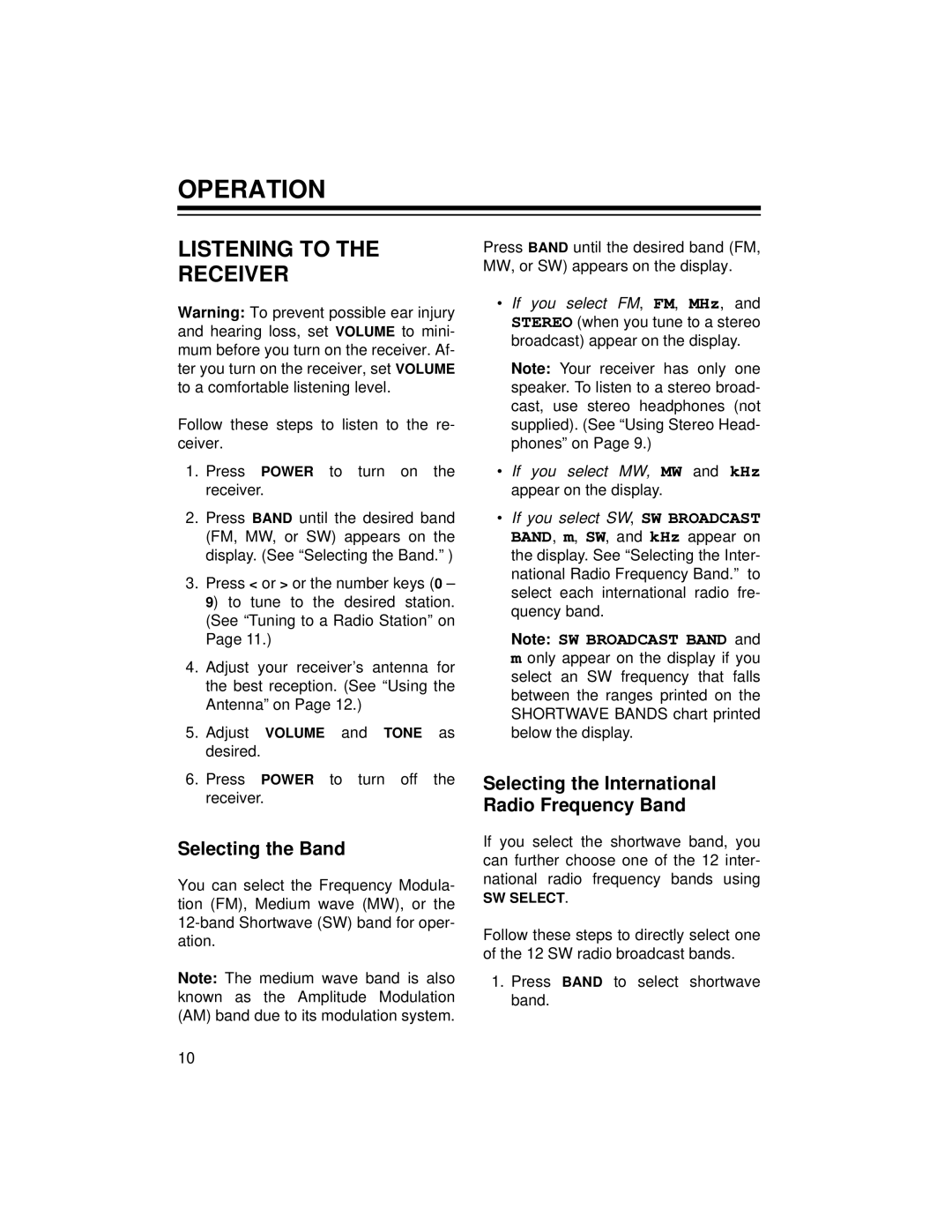 Radio Shack DX-396 Operation, Listening to Receiver, Selecting the Band, Selecting the International Radio Frequency Band 