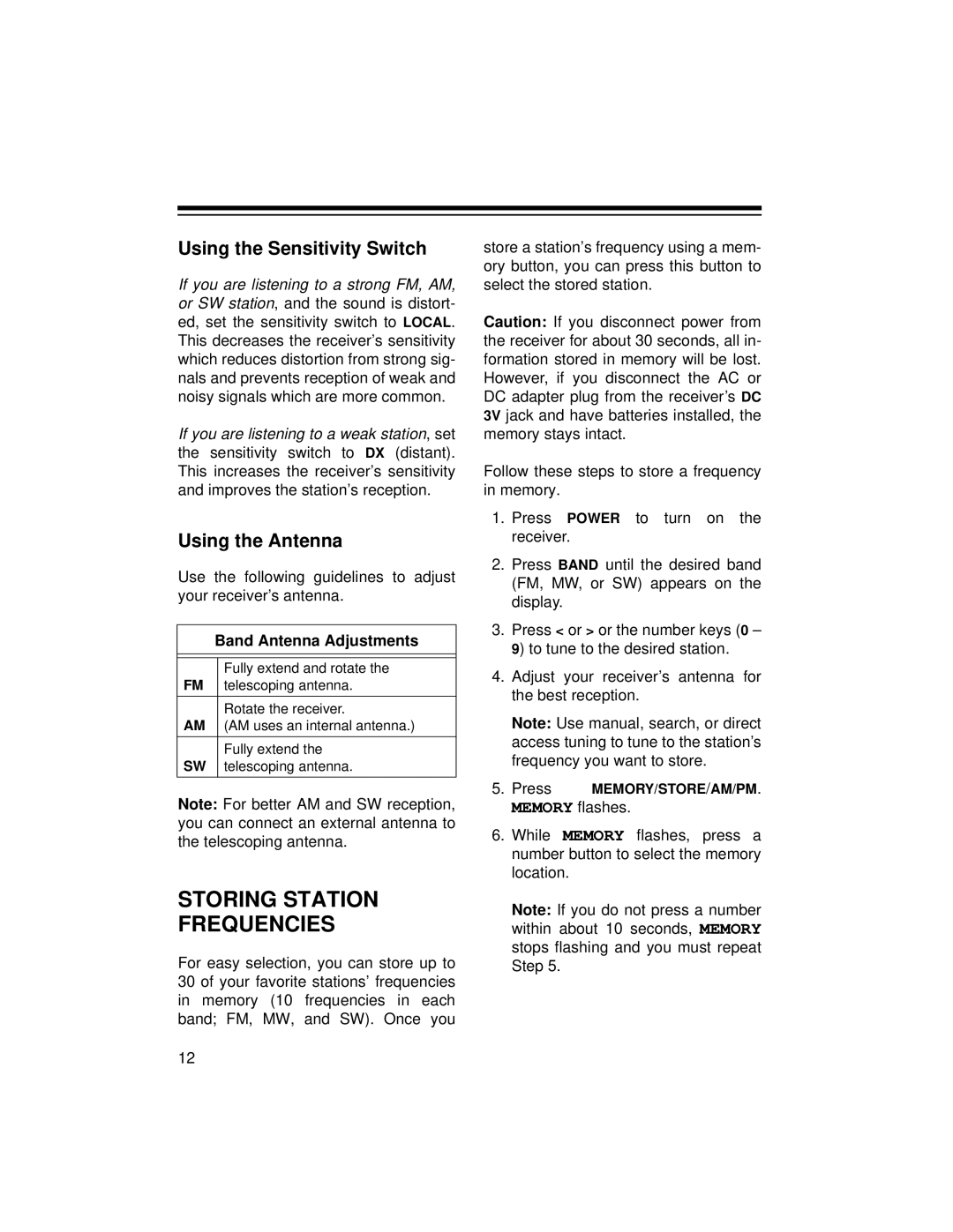 Radio Shack DX-396 owner manual Storing Station Frequencies, Using the Sensitivity Switch, Using the Antenna 