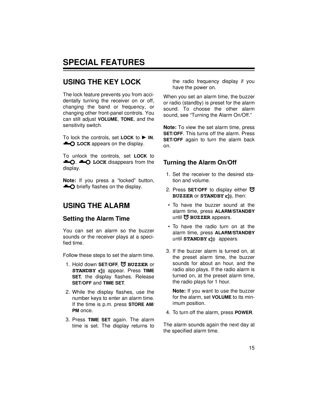 Radio Shack DX-396 Special Features, Using the KEY Lock, Using the Alarm, Setting the Alarm Time, Turning the Alarm On/Off 