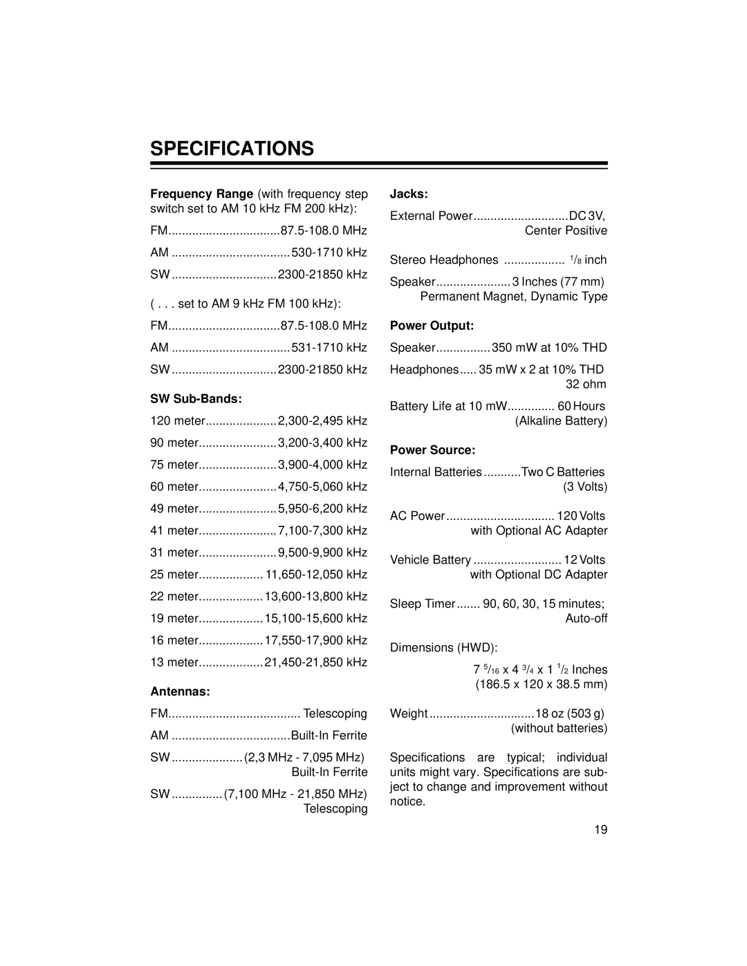 Radio Shack DX-396 owner manual Specifications, SW Sub-Bands 