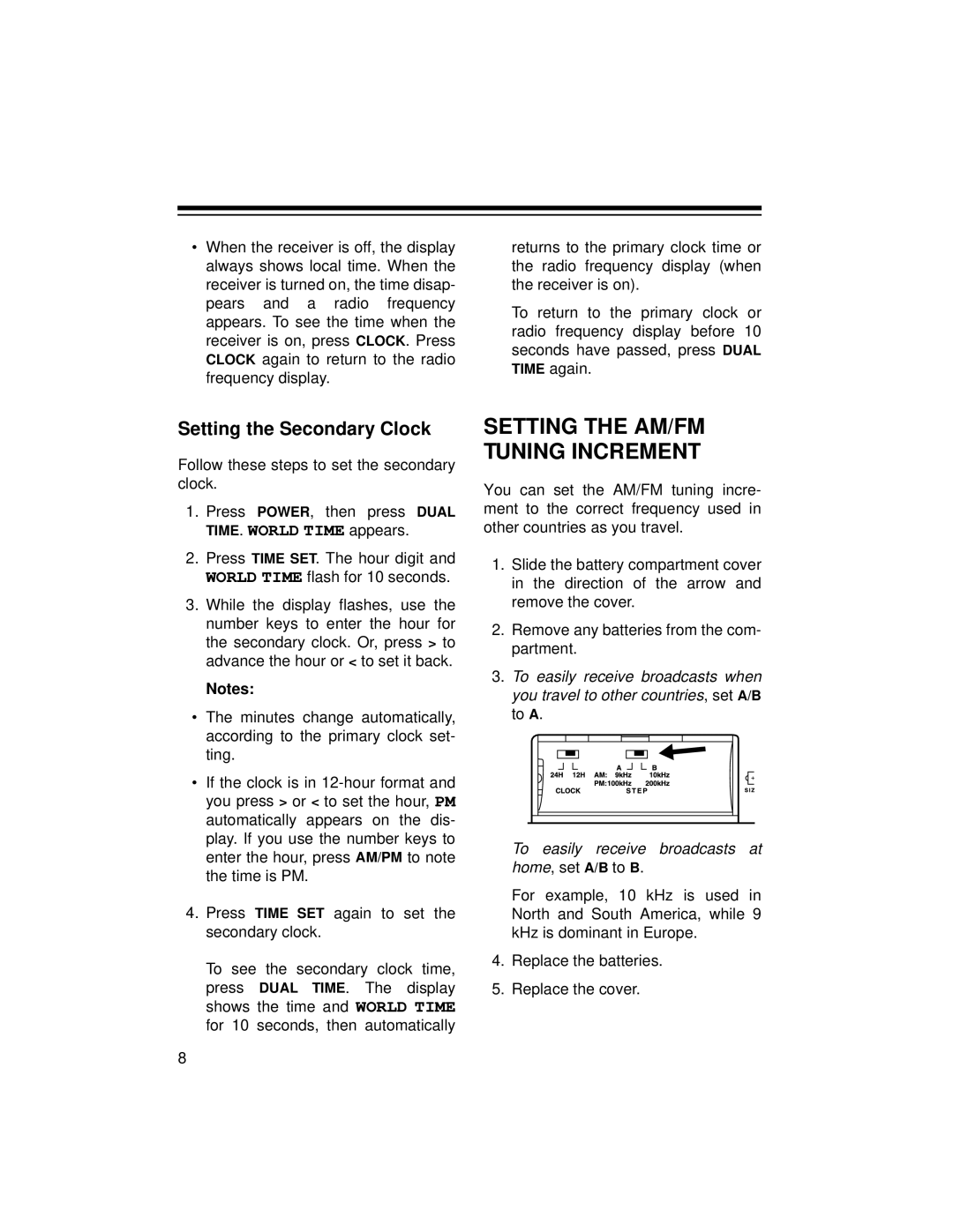 Radio Shack DX-396 owner manual Setting the AM/FM Tuning Increment, Setting the Secondary Clock 