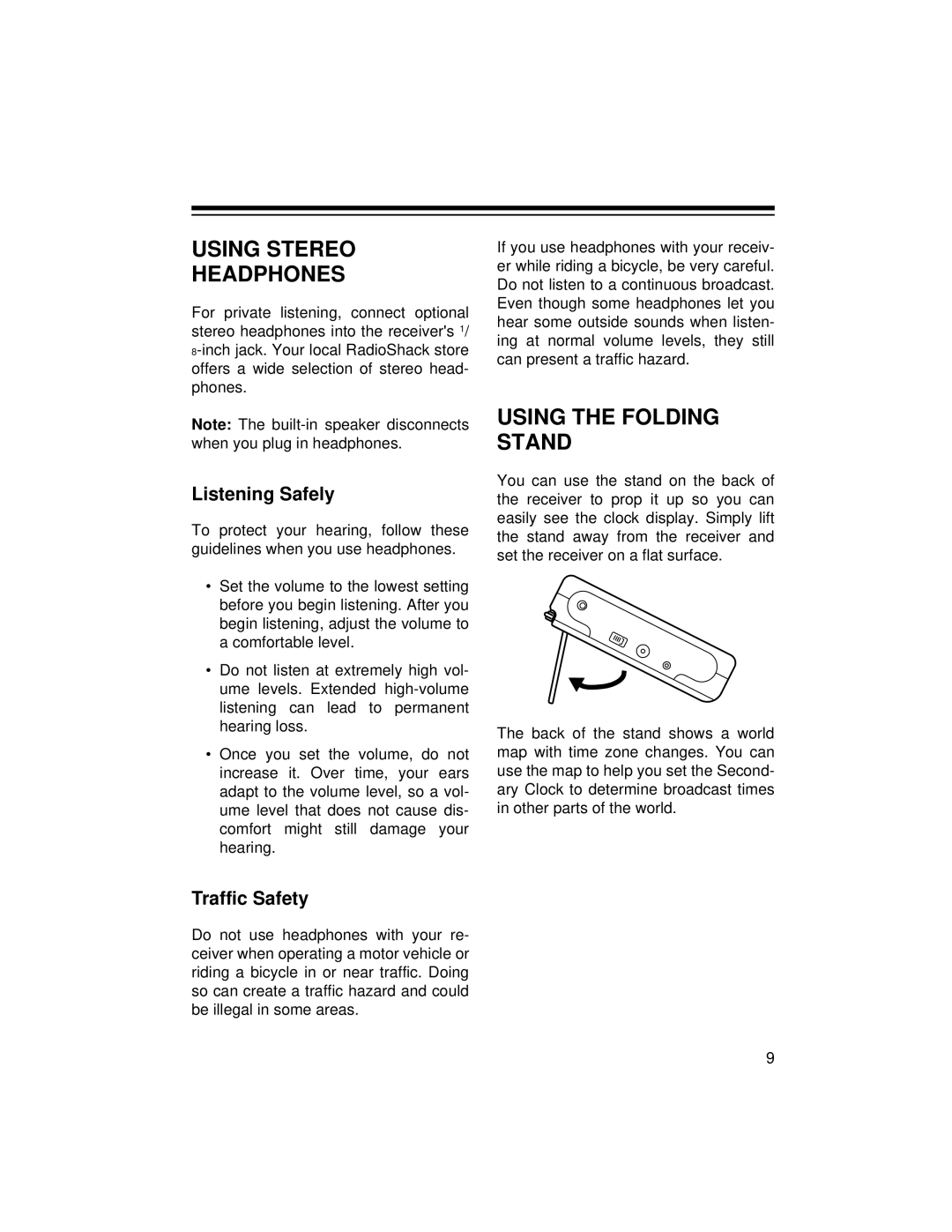 Radio Shack DX-396 owner manual Using Stereo Headphones, Using the Folding Stand, Listening Safely, Traffic Safety 